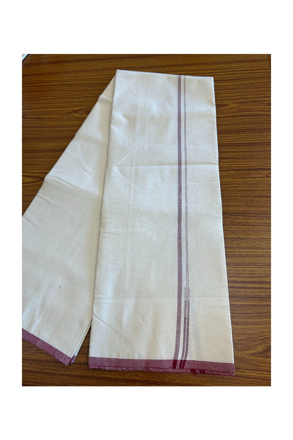 SIGNATURE KAITHARIKADA EXCLUSIVE SINGLE DHOTI - 100% Cotton Balaramapuram HANDLOOM Single Mundu/Dhoti - Off White - (Unbleached) 1 cm Shaded Maroon Chutty Kara- 2KK5078KAI