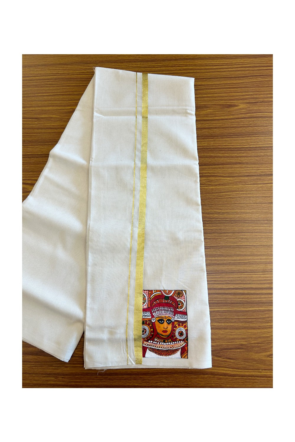 KaithariKada Balaramapuram 100% Cotton Double Off white - (Ubleached) Mundu/Dhoti-100x80 1 inch Kasavu & Hand Painted Theyyam Design Kara 3.70 meter- 2KK5083ASH