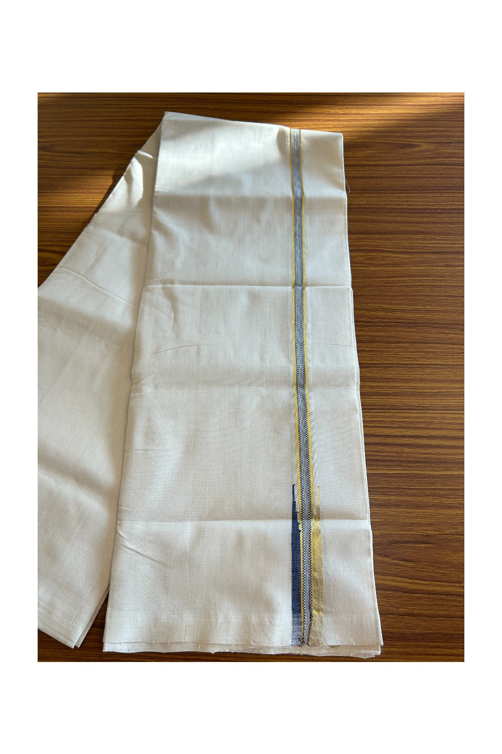 19% DISCOUNT!! KaithariKada HANDLOOM Unakkupaav Balaramapuram - 100% PURE Cotton OFF White Double - (Unbleached) Mundu/Dothi -1 inch puliyilakkara Navy Blue & Gold Kasavu Chutty Kara- 2KK5089YAR