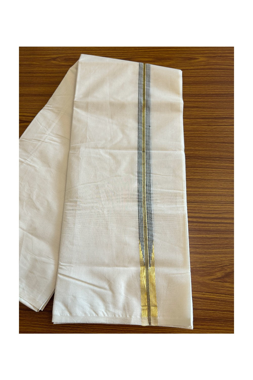 SHORT DHOTI SPECIAL! Kaitharikada.com - 26% Discount! Balaramapuram Double Off white - (Unbleached) Mundu/Dhoti - 100X100 - 1 inch Kara & 46 inches Height Puliyilakkara Chutty Gold Kasavu & Black Striped Design Kara - 2KK5090ASH