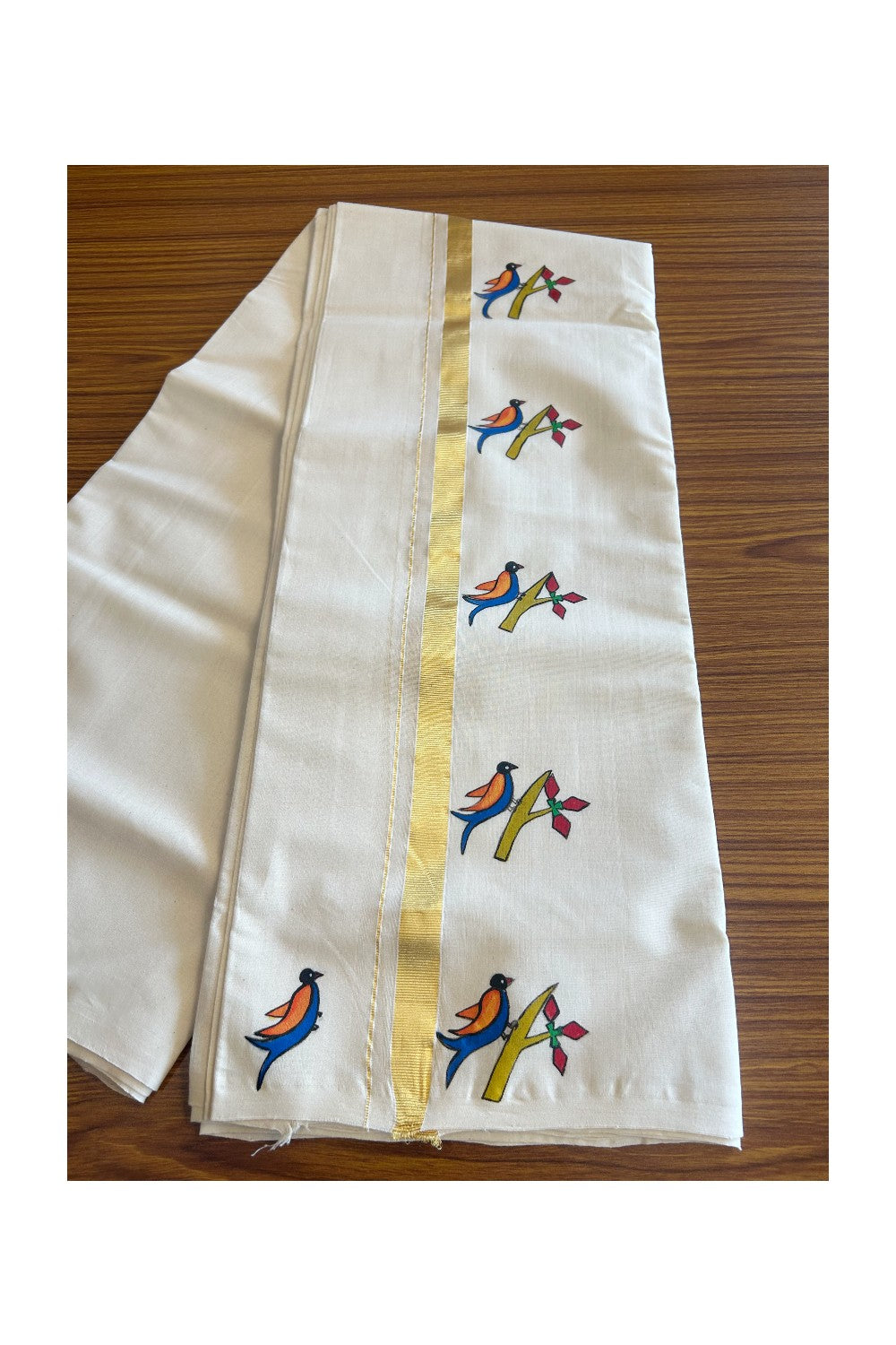 KaithariKada HANDLOOM Millpaav Balaramapuram - 100% PURE Cotton OFF White - (Unbleached) Double Mundu/Dothi - 1.25 Inch Kasavu kara Hand Painted Bird Design - 2KK5091RAM