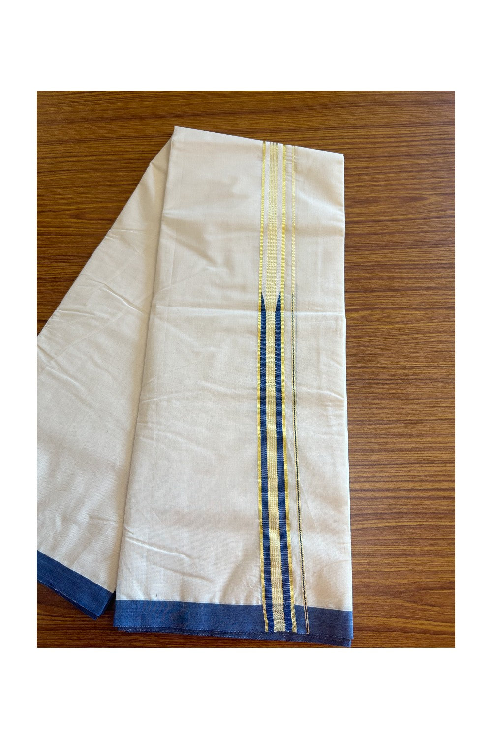 19% DISCOUNT! KaithariKada Balaramapuram 100% Cotton Double Off white - (Unbleached) Mundu/Dhoti-100x100 Chutty Heavy Designer Blue & Kasavu 1.25 inch Kara- 2KK5093ASH