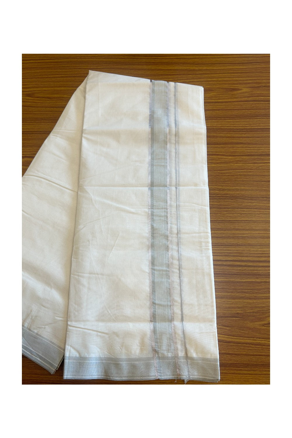 19% DISCOUNT ! KaithariKada 100% Cotton OFF WHITE (Unbleached) Double Dhoti/Mundu- 2.5 inch Ash Grey & Silver Striped Kara 4.46 Meters (9.56 Muzham) - 2KK5095ASH