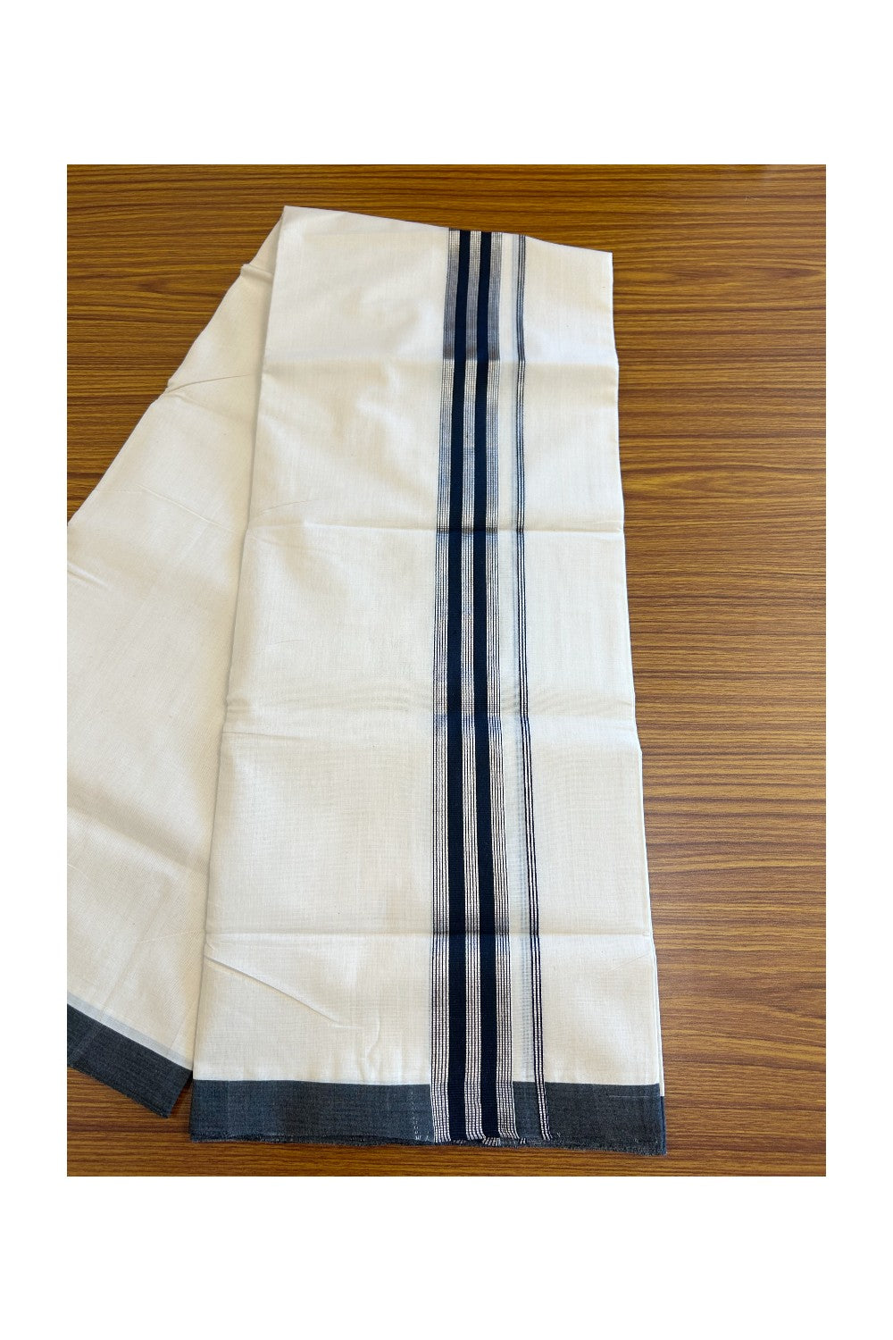 19% Discount! KaithariKada HANDLOOM UNAKKUPAAV Balaramapuram - 100% Cotton Double OFF White (Unbleached) - Mundu/Dhoti - 100x100 2.25 inch BLACK & Silver kasavu Stripes Kara - 2KK5096YAR