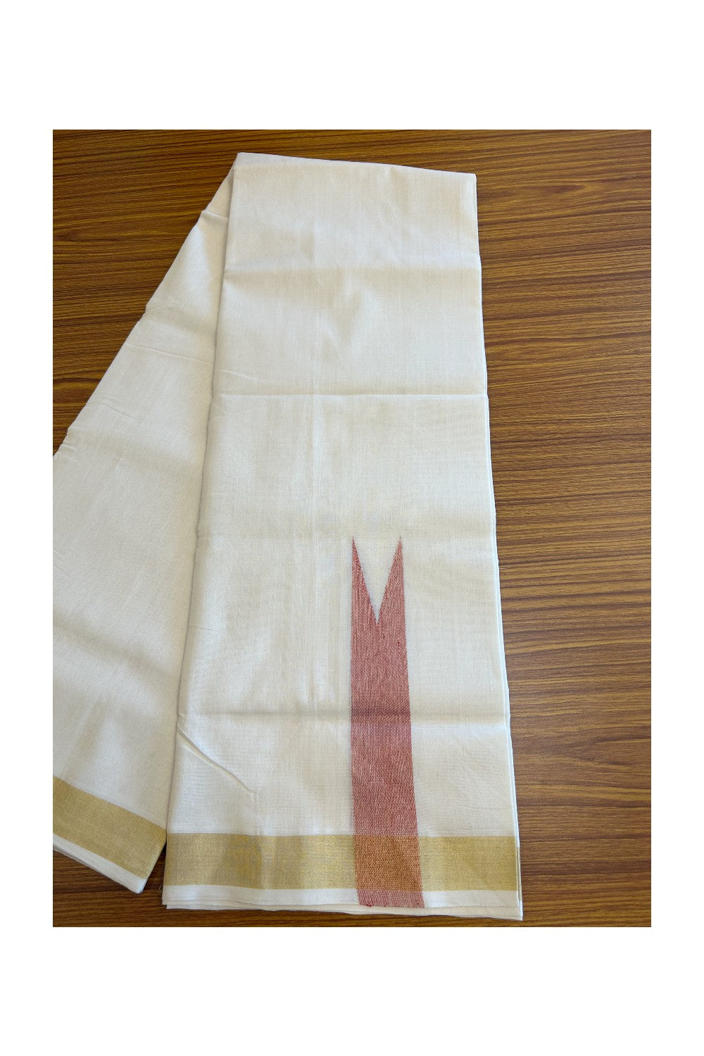 30% DISCOUNT ! KaithariKada HANDLOOM Unakkupaav Balaramapuram - 100% PURE Cotton Off White - (Unbleached) Double Mundu/Dhoti - 100x100 Kasavu 1.5 Inch DEEP RED Chutty - 2KK5097ABH