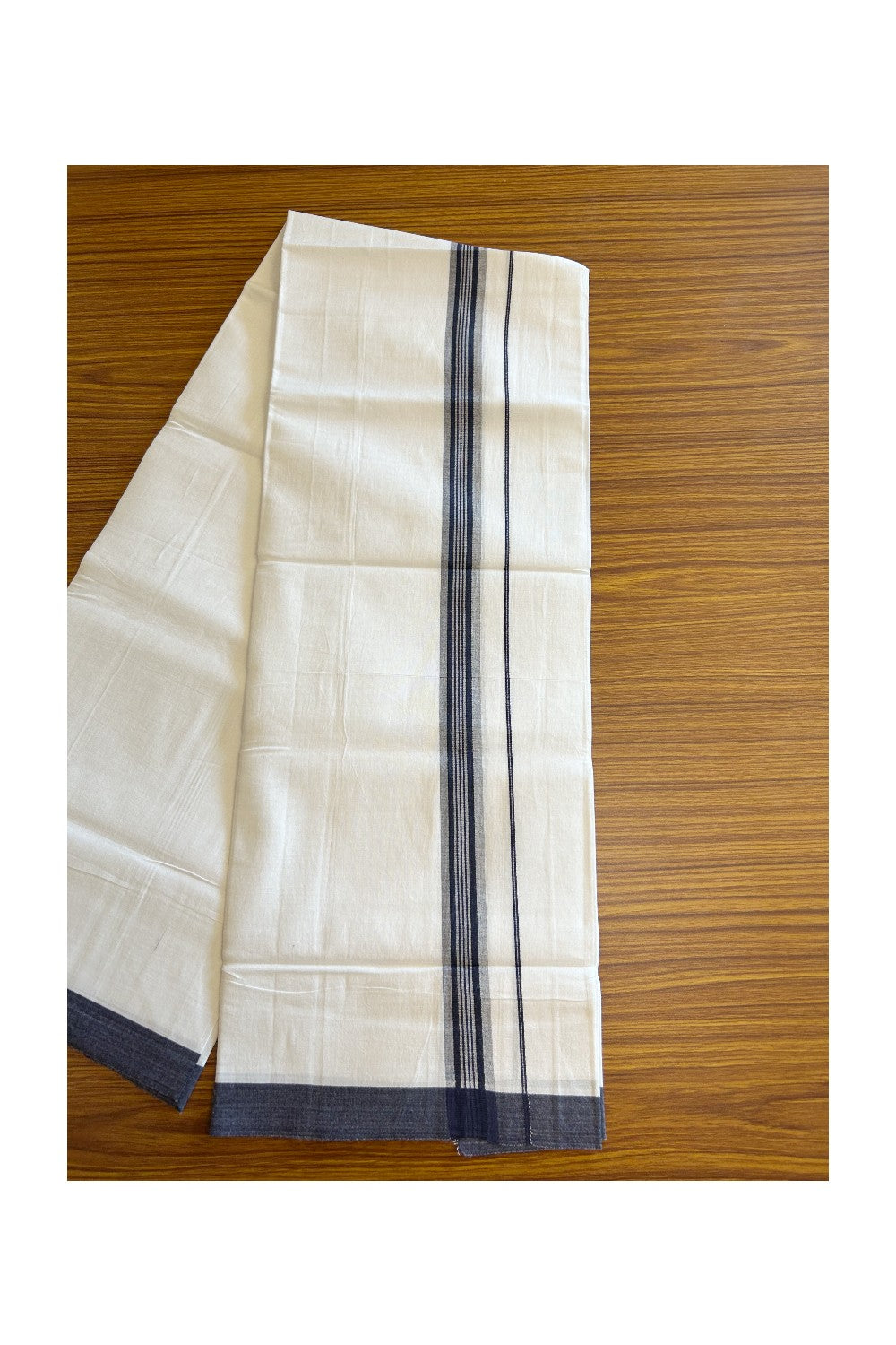 13% DISCOUNT ! KaithariKada Balaramapuram 100% Cotton Pure white Single Mundu/Dhoti - (40S) - 1.25 inch Blue Striped  Kara (2 meter / 4 muzham) - 2KK5109THI