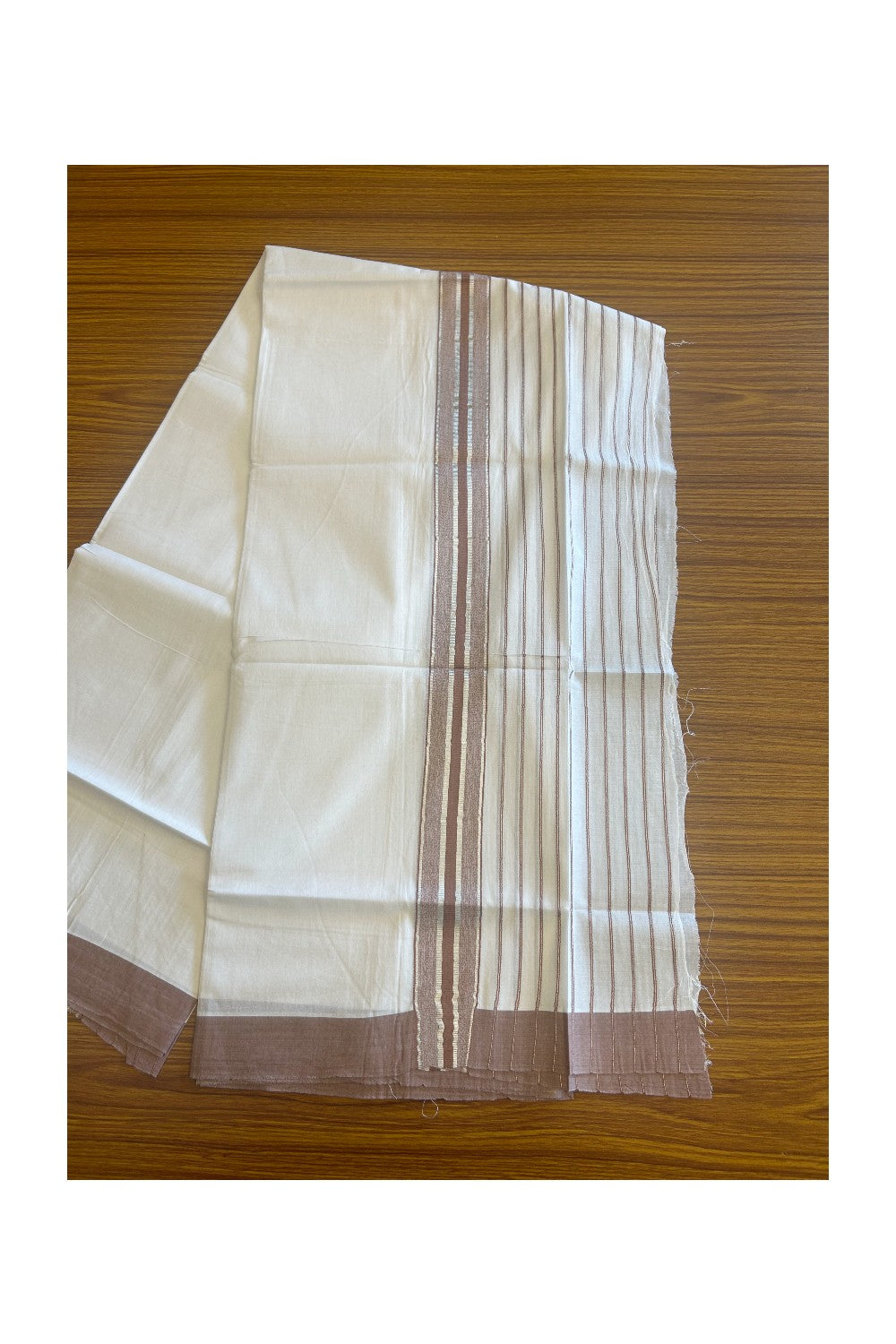 20% Discount !! KaithariKada Balaramapuram Double PURE WHITE Mundu/Dhoti- 100x80 - 7 inch Pale Brown & Silver Striped kara - 3.90 mtr - 2KK5112PMC