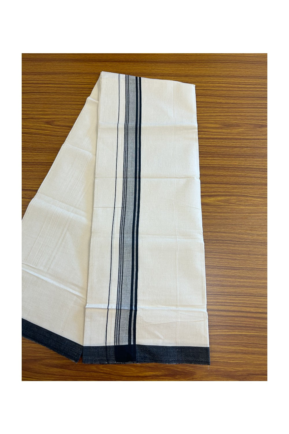 8% Discount ! Kaitharikada Balaramapuram 100% Cotton OFF WHITE SINGLE Mundu/Dothi (40s) - 2 inch Black & white shaded Stripes Kara (2 meter / 4 muzham) - 2KK5114THI