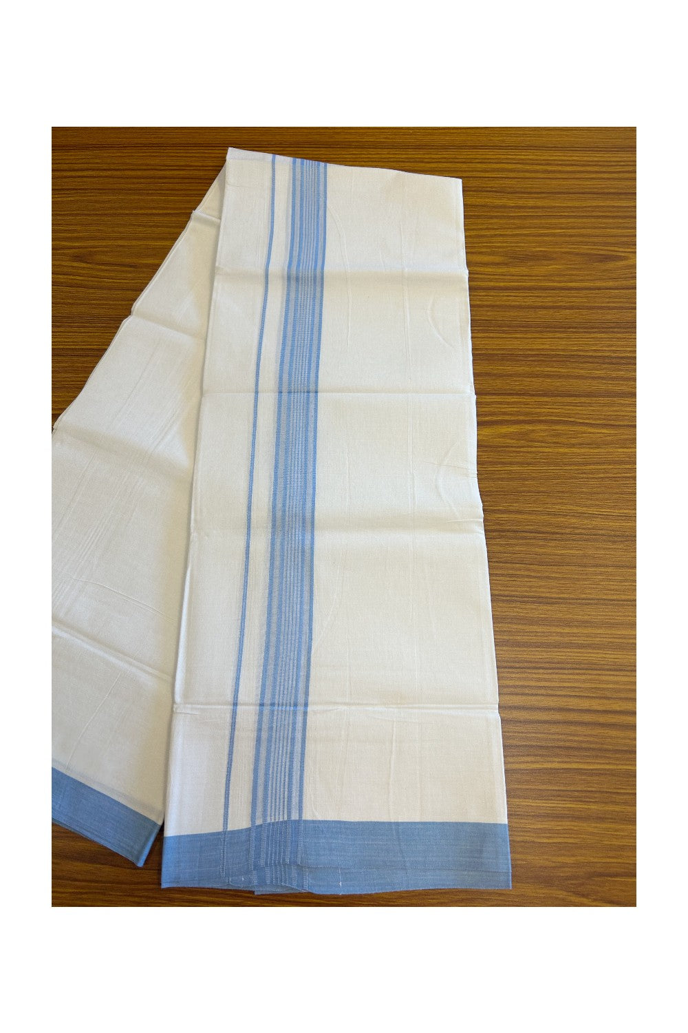 8% DISCOUNT ! KaithariKada Balaramapuram 100% Cotton Pure white Single Mundu/Dhoti - (40S) - 2.15 inch Sky Blue Striped Kara (2 meter / 4 muzham) - 2KK5115THI.