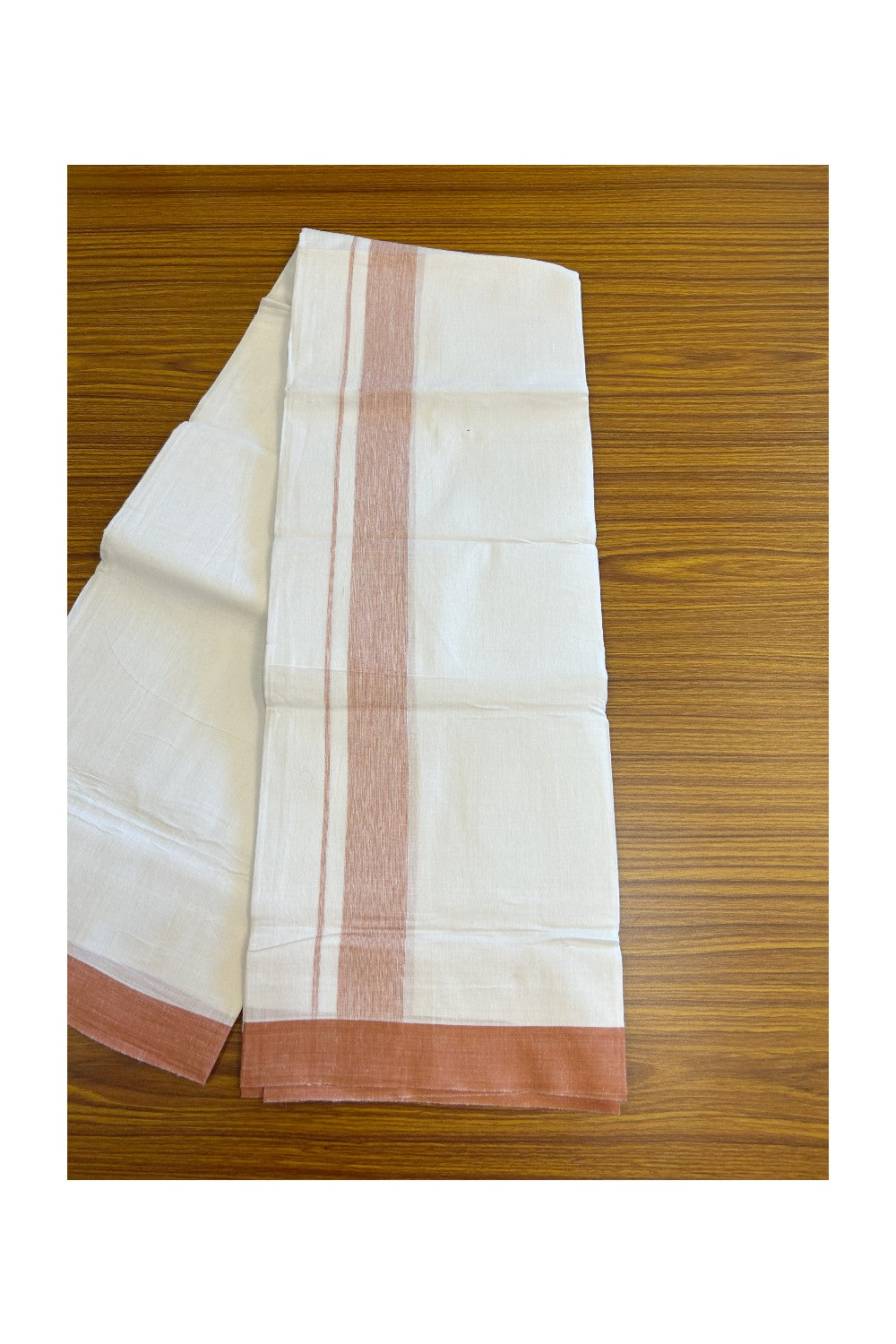 Linen Dhoti NEW! 20% Discount from Kaitharikada.com - Double Mundu/Dhoti 80x90 Thread PURE WHITE - Pure Cotton + Linen - 2.25 Inch Dark Brown Shaded Kara- 20KK5115THI