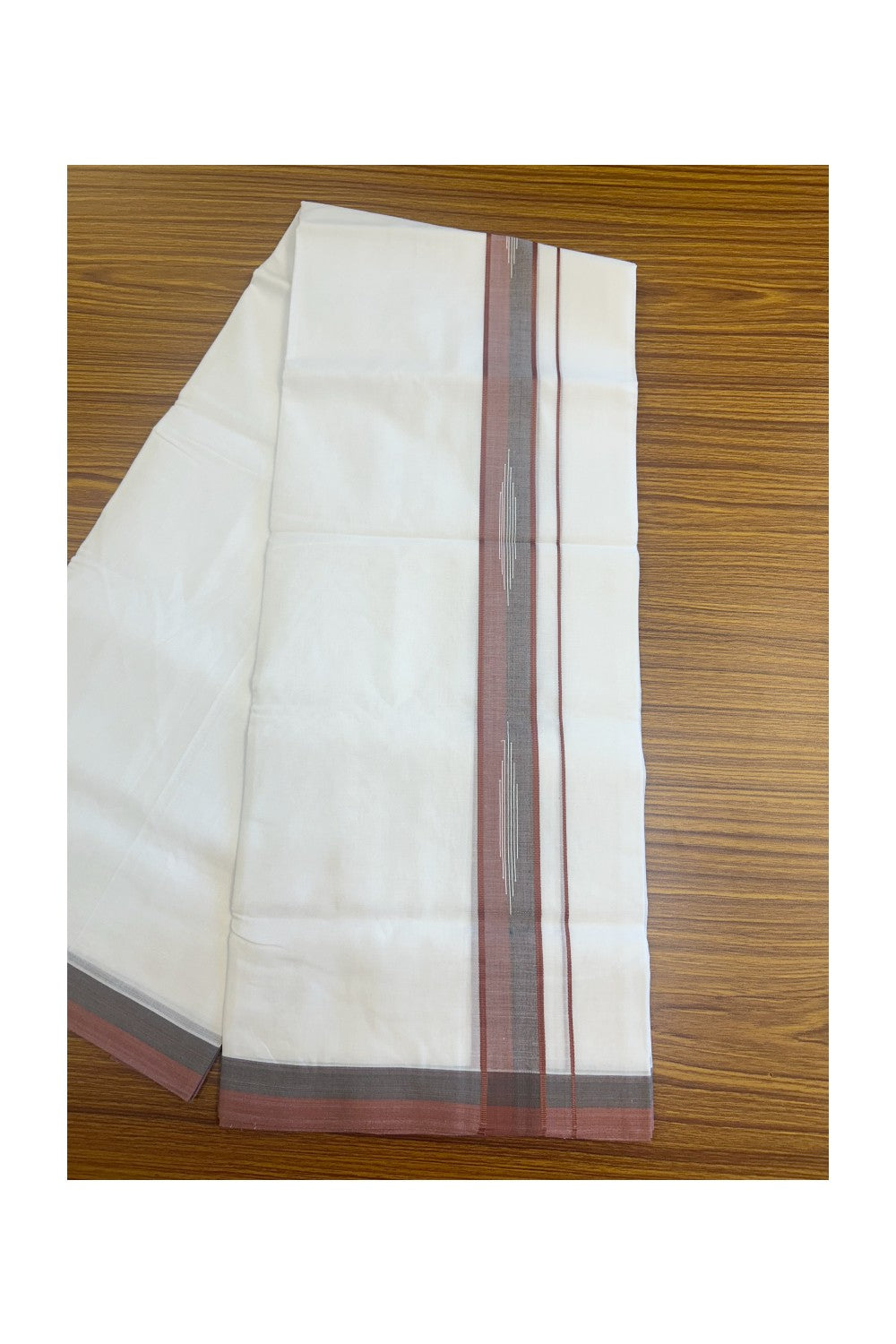 20% DISCOUNT! KaithariKada Balaramapuram 100% Cotton PURE WHITE Double Mundu/Dhoti-100x80 2 inch PENNY BROWN & BLACK shaded designer kara - 2KK5116MR