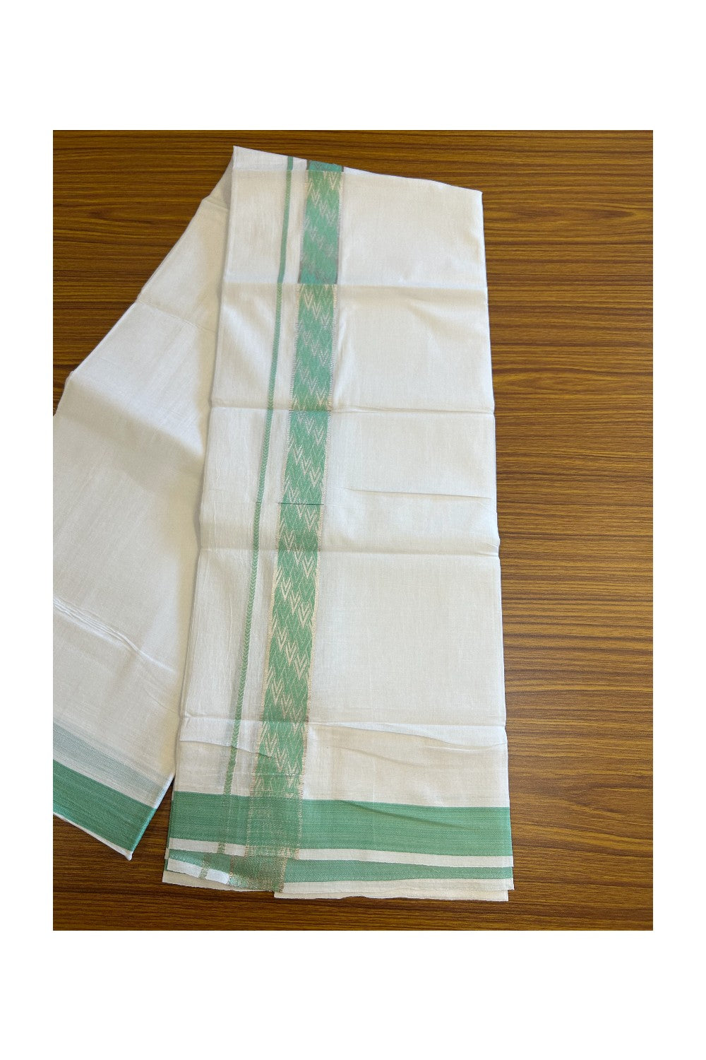 20% DISCOUNT! KaithariKada Balaramapuram 100% Cotton Double PURE white Mundu/Dhoti - 100x80 - 2 Inch Silver kasavu & Mint Green pattern Jacquard Kara - 2KK5118PMC