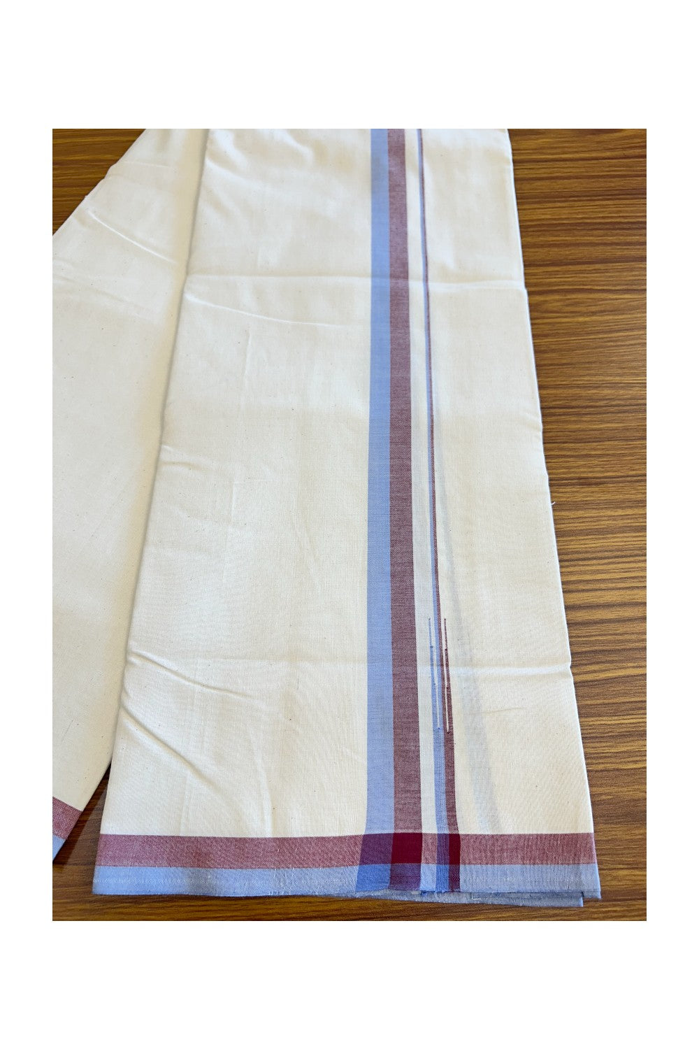 SIGNATURE KAITHARIKADA EXCLUSIVE SINGLE DHOTI - 30% Discount!!  100% Cotton Balaramapuram HANDLOOM Single Mundu/Dhoti - Off White - (Unbleached) 1 inch Lavender Blue & Maroon Puliyilakkara chutty (2 meters /4 muzham) - 2KK5124KAI