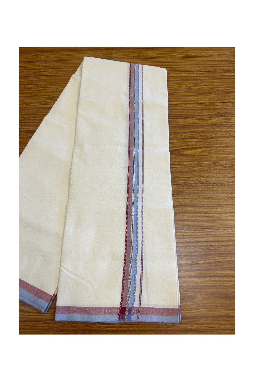 SIGNATURE KAITHARIKADA EXCLUSIVE SINGLE DHOTI - 30% Discount!!  100% Cotton Balaramapuram HANDLOOM Single Mundu/Dhoti - Off White - (Unbleached) 1 inch Lavender Blue & Maroon Kasavu Muthukuri Silver striped kara  (2 meters /4 muzham) - 1KK5131KAI