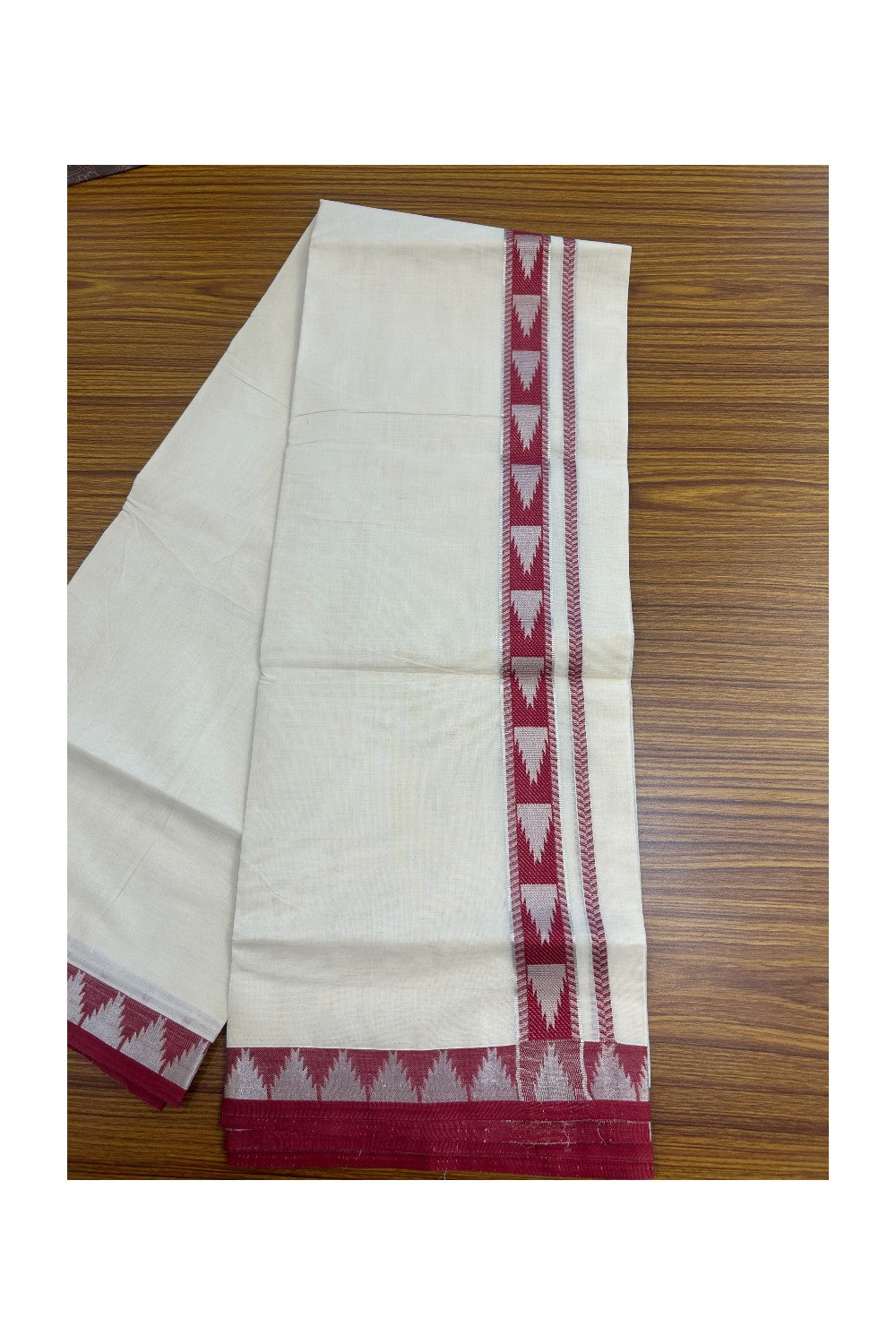 20% DISCOUNT ! KaithariKada Balaramapuram 100% Cotton Double off white  (Unbleached) Mundu/Dhoti - 100X90 - 1.5 inch Silver kasavu & Magenta Red Temple design kara - 2KK5147PMC