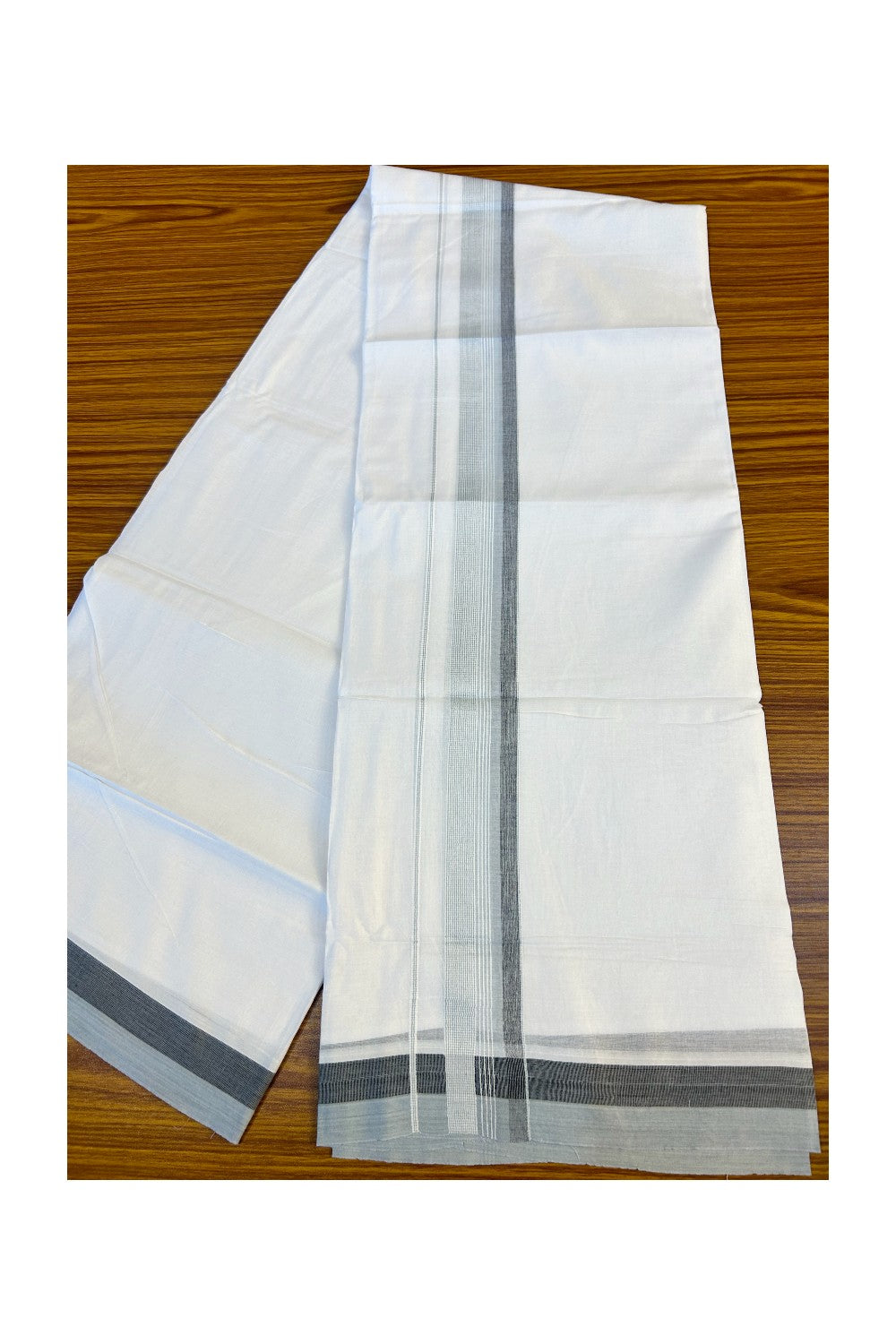 21% DISCOUNT!! Kaitharikada Balaramapuram 100% Cotton Ultra WHITE Double Mundu/Dothi-100x80   2 Inch LIGHT GRAY & WHITE STRIPED Cotton Kara -2KK63VAS.