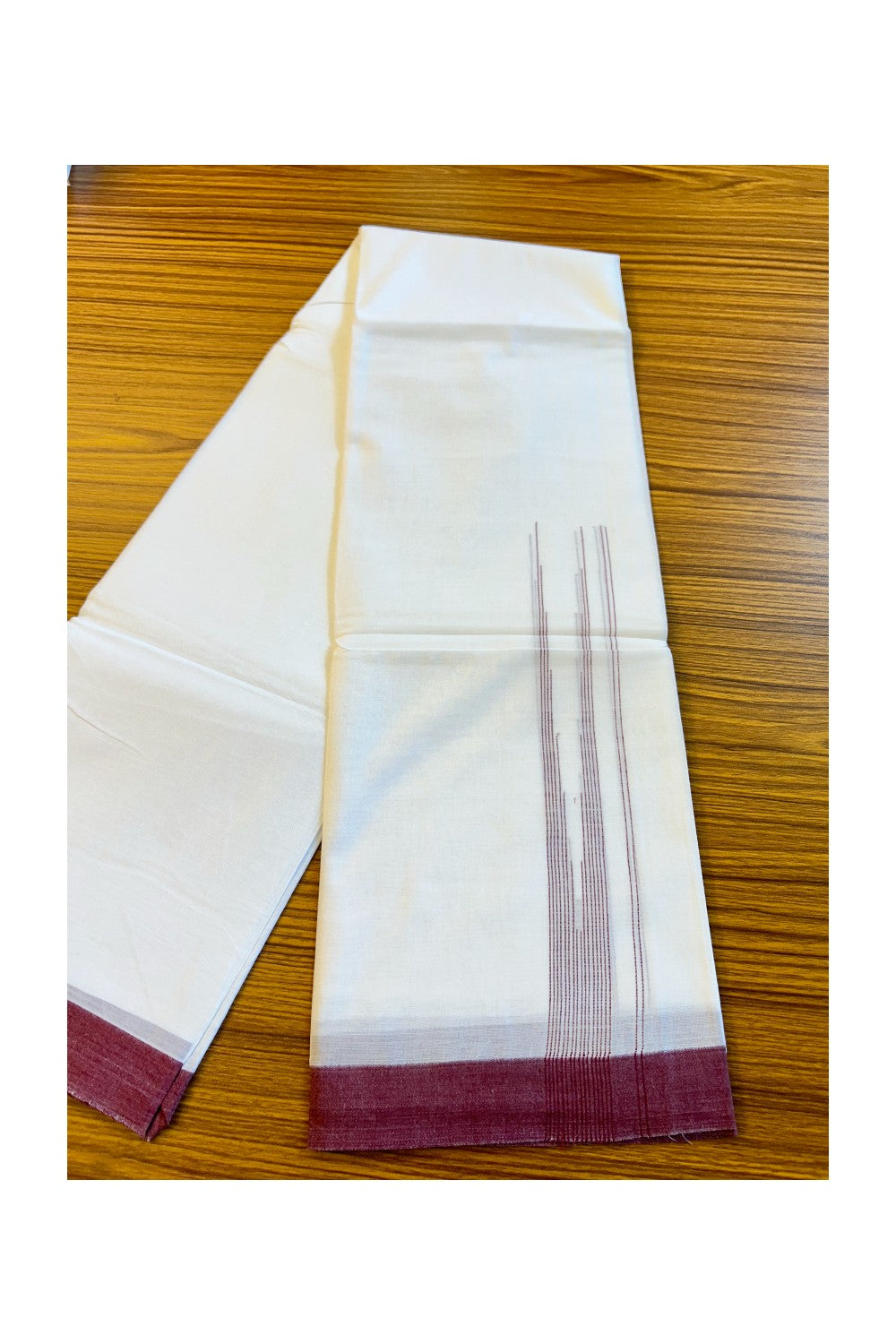 22% DISCOUNT!! Kaitharikada Balaramapuram 100% Cotton Ultra WHITE Double Mundu/Dothi-100x100  1.75 Inch MAROON Striped Cotton Kara 3.80m- 2KK74RAM