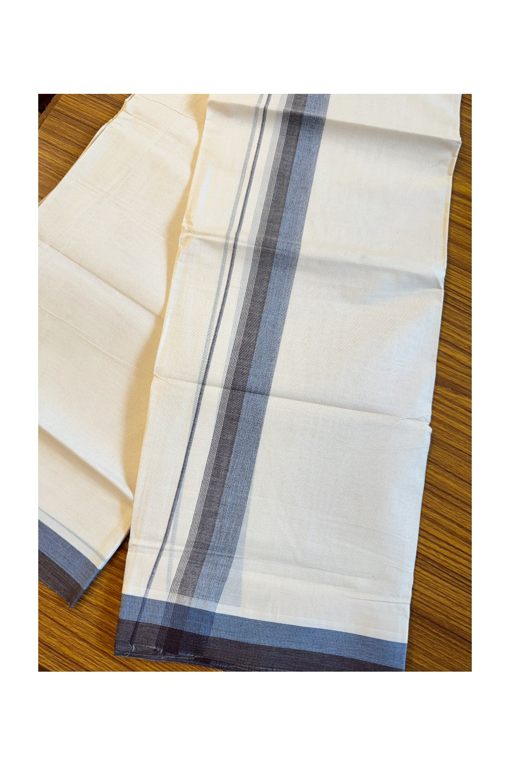 19% DISCOUNT ! KaithariKada Balaramapuram 100%  Cotton off white Double  Mundu/Dhoti - 100X100  Brown side stripes & blue shaded kara - 2KK81VIN