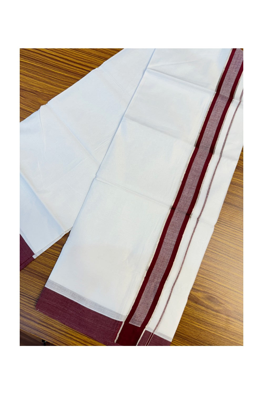 19% DISCOUNT!!! KaithariKada Balaramapuram 100% Cotton  PURE white Double Mundu/Dhoti-100x100   2.25 Inch Silver & maroon shaded Kara  - 2KK83VIN