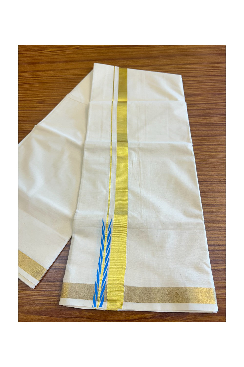 15% DISCOUNT!!! KaithariKada Balaramapuram 100%  Cotton off white Double  Mundu/Dhoti - 80X72  GOLD KASAVU & BLUE CHUTTY Kara - 2KK85CEE