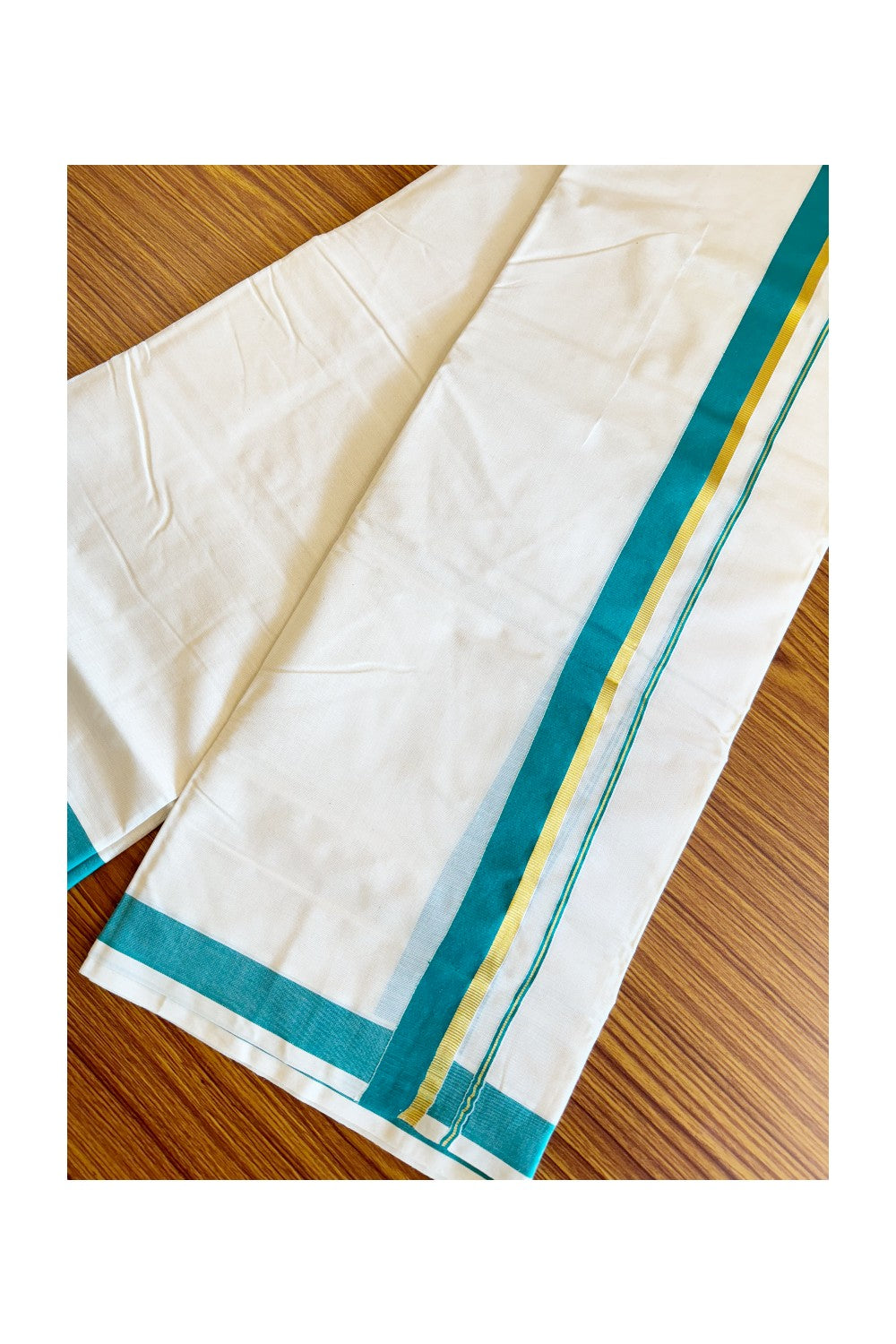 10% Discount! KaithariKada Balaramapuram 100% Cotton Off White Double Mundu/Dhoti-80x72 GREEN & KASAVU - 2KK57VIN