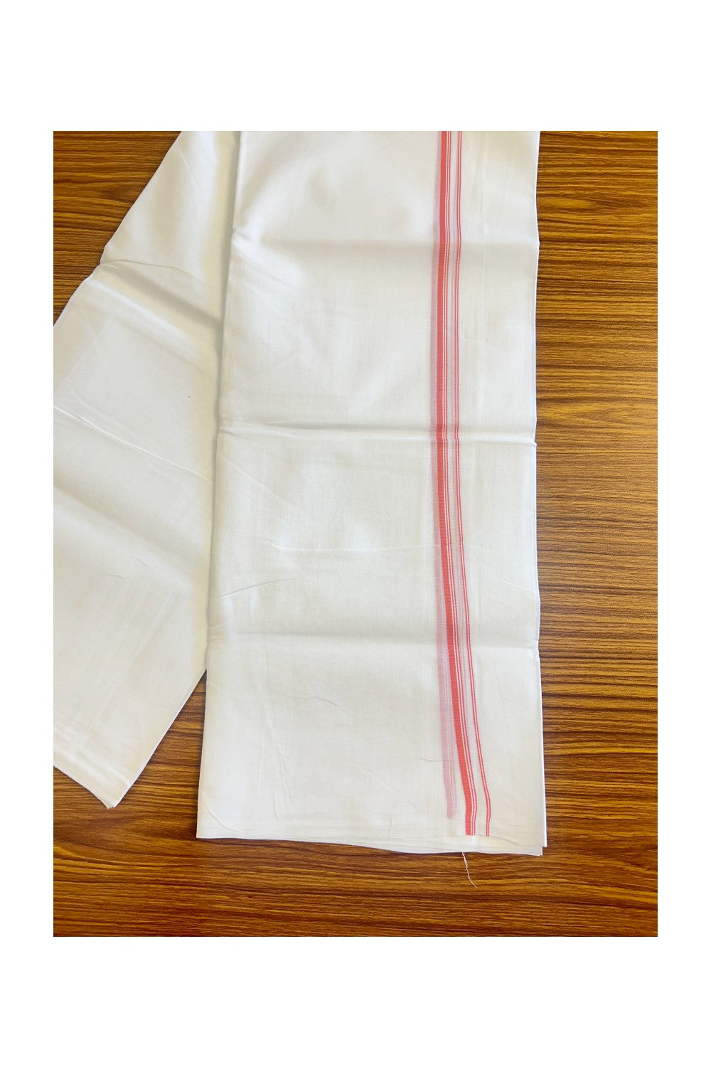 26% DISCOUNT ! KaithariKada Balaramapuram 100% Cotton Double Pure white Mundu/Dhoti-100X100 - Peach & Stripes 2cm Kara.- 2KK406ASH