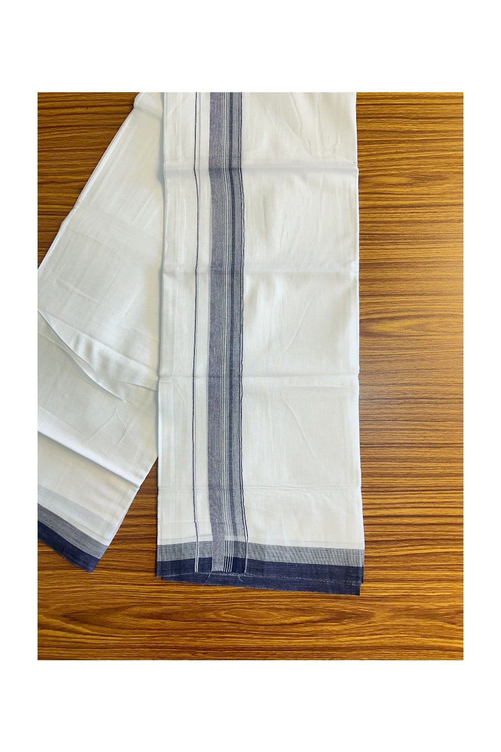 26% DISCOUNT!!! KaithariKada Balaramapuram 100% Cotton PURE white Double Mundu/Dhoti-100x90   2.25 Inch Navy blue & White striped kara  - 2KK407VIN