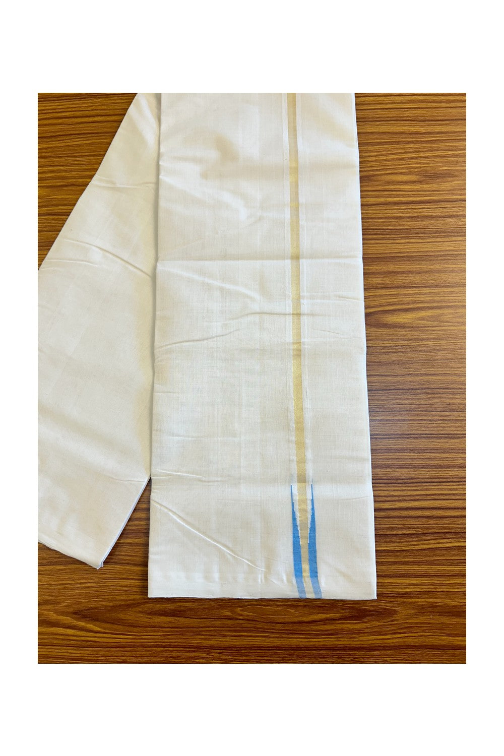 21% DISCOUNT!! KaithariKada HANDLOOM Millpaav Balaramapuram - 100% PURE Cotton OFF White- (Unbleached) Double Mundu/Dothi - Puliyilakkara chutty Blue & Kasavu Kara- 2KK410SOM