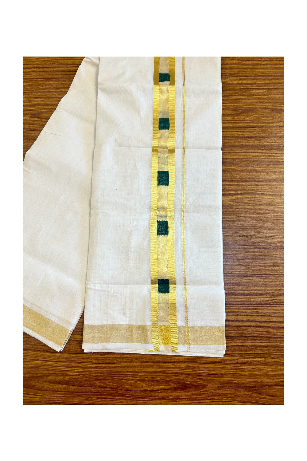 15% Discount!!! KaithariKada HANDLOOM UNAKKUPAAV Balaramapuram - 100% PURE Cotton off white Double Mundu/Dhoti - 2.5 inch Kasavu with centre tissue &  Green sqaure designed kara - 2KK415SOM