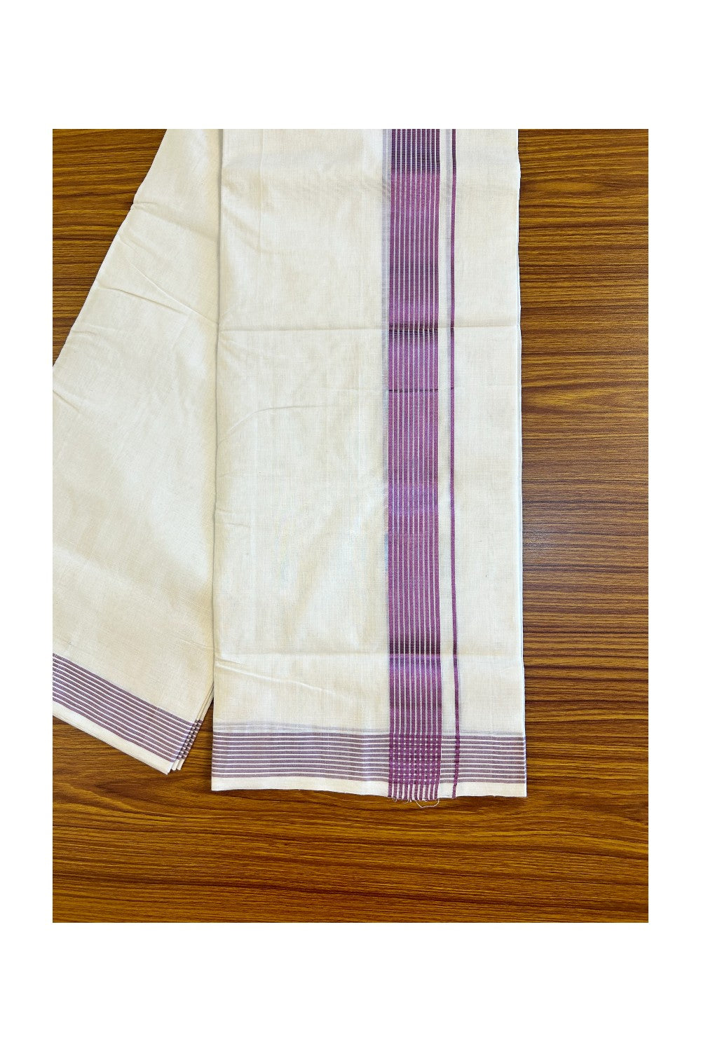 15% Discount!!! KaithariKada HANDLOOM UNAKKUPAAV Balaramapuram - 100% PURE Cotton off white Double Mundu/Dhoti - 2 inch Purple Silver Kasavu Striped Kara - 2KK427UDA