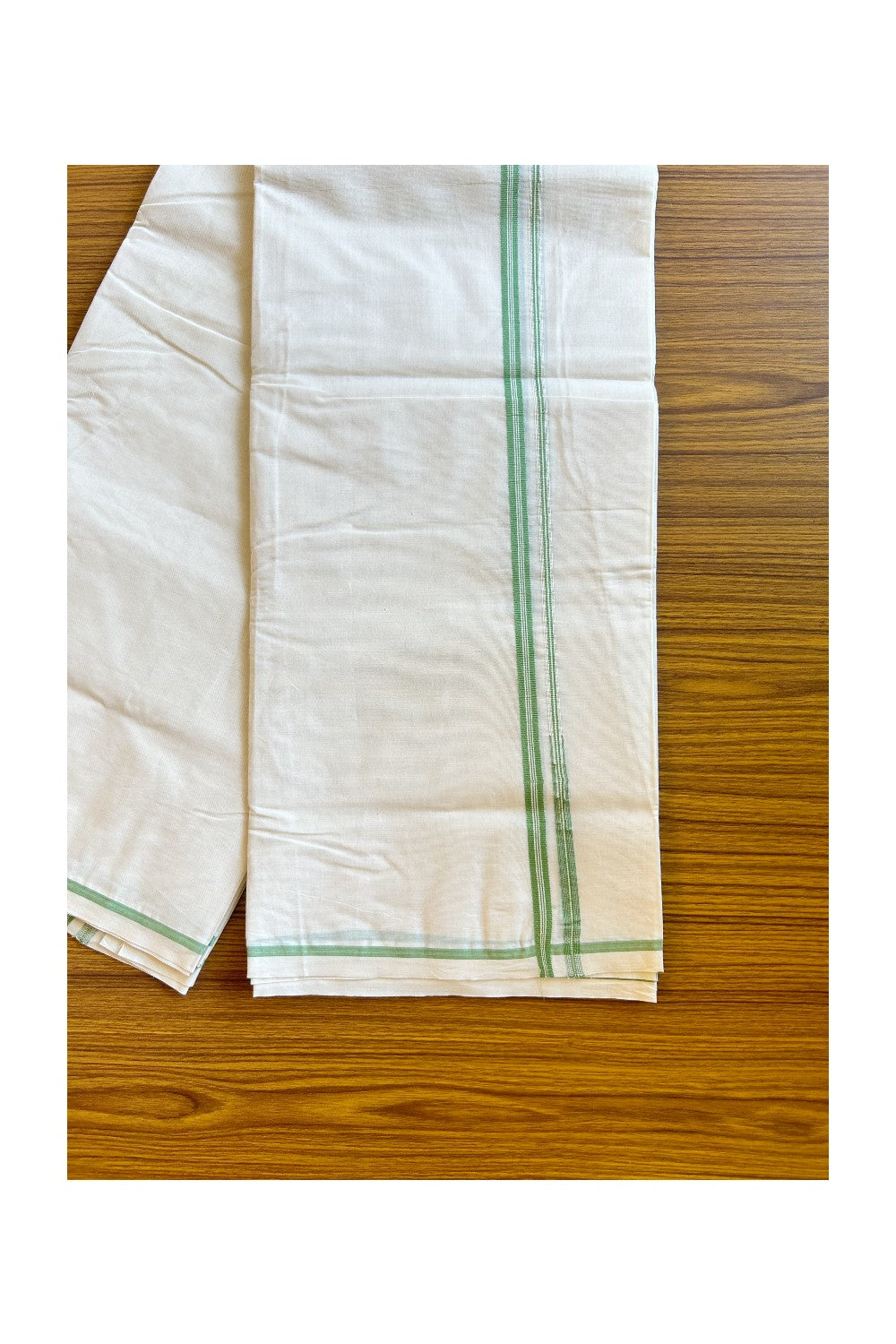 10% DISCOUNT!! KaithariKada Balaramapuram 100% Cotton Off WHITE Double Mundu/Dhoti-100x100  1.cm Puliyilakkara Chutty STRIPED Light Green- 2KK429ASH