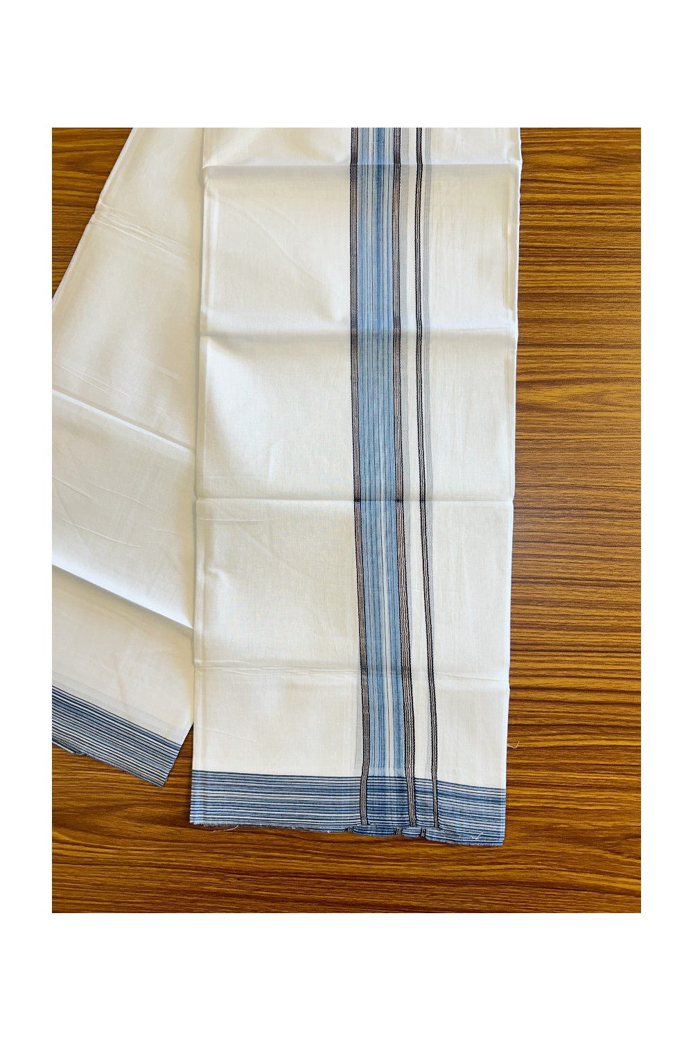 14% DISCOUNT!! Kaitharikada Balaramapuram 100% Cotton Ultra WHITE Double Mundu/Dothi-100x90  2 Inch  Silver kasavu Blue & white shaded kara with black stripes - 2KK430VAS