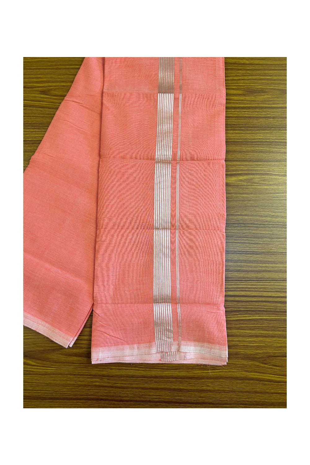 22% Discount! KaithariKada Handloom 100% Cotton Double Mundu/Dhoti - Peach Colour Body & Silver Striped 1.75inch Kara 3.80 mtr - 2KK452SOM