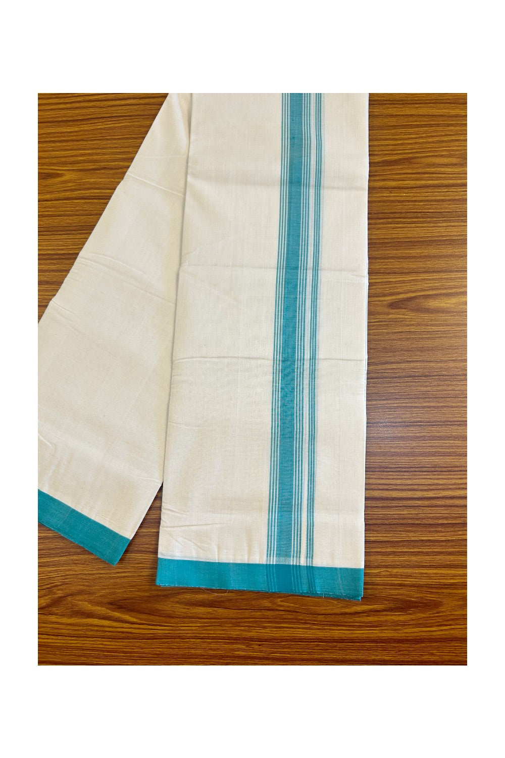 20% DISCOUNT!! KaithariKada HANDLOOM Millpaav Balaramapuram - 100% PURE Cotton OFF White (Unbleached) Double Mundu/Dothi - 2 inch BLUE GREEN striped kara 3.70 meters - 2KK453RAM