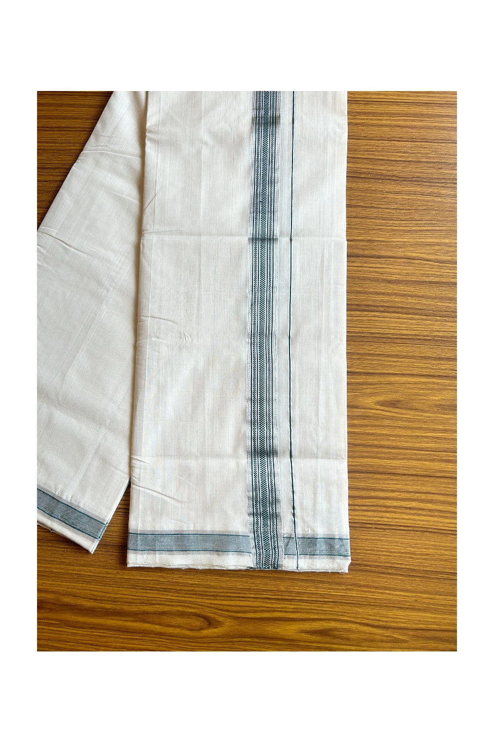 17% DISCOUNT!! KaithariKada HANDLOOM UNAKKUPAAV Balaramapuram - 100% PURE Cotton OFF White Double Mundu/Dothi - 2 inch Silver kasavu Dark green pattern kara - 2KK462RAM