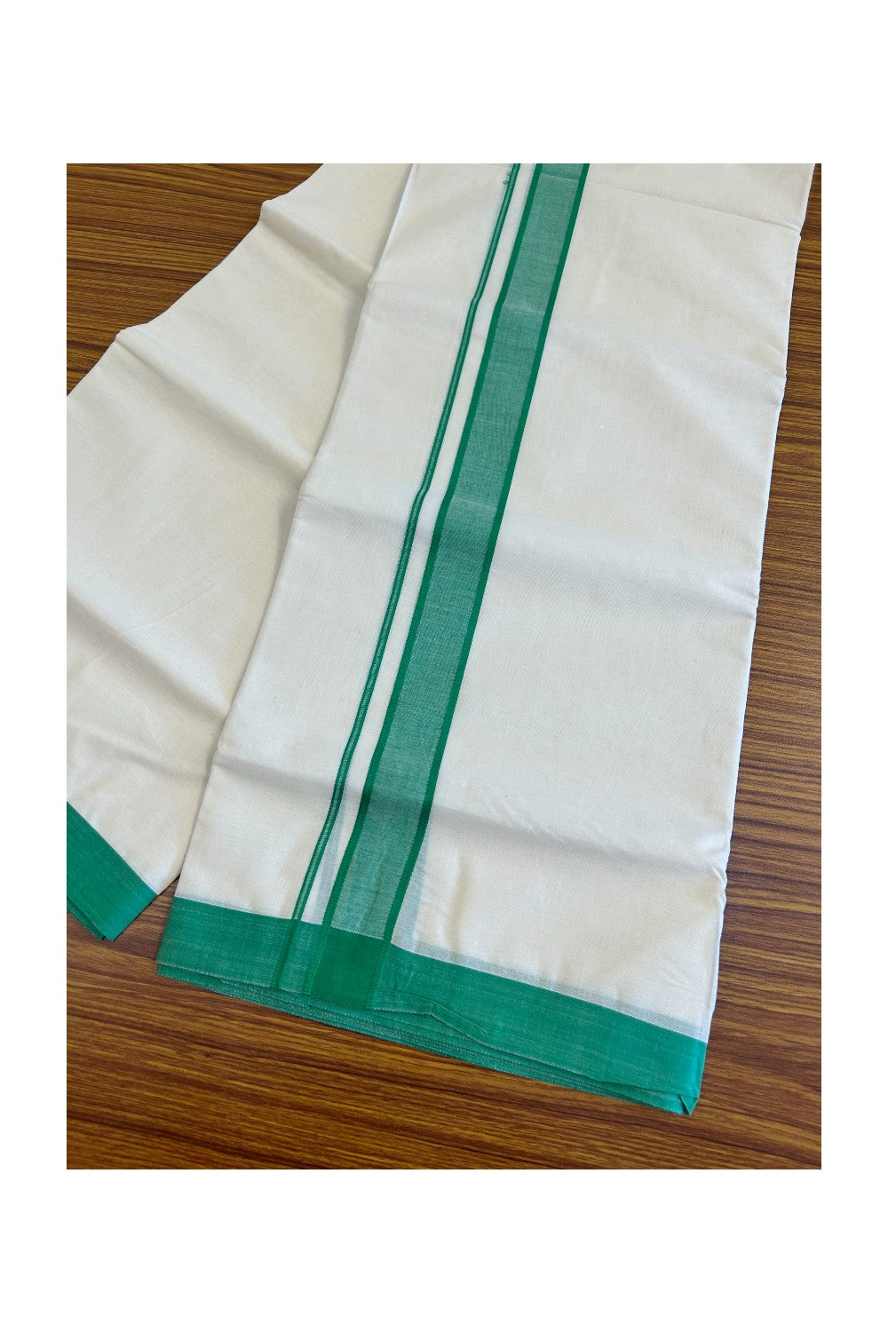 10% Discount KaithariKada Balaramapuram 100% Cotton Double Off white Mundu/Dhoti-100x100 2  inch  Green Kara - 2KK500KK