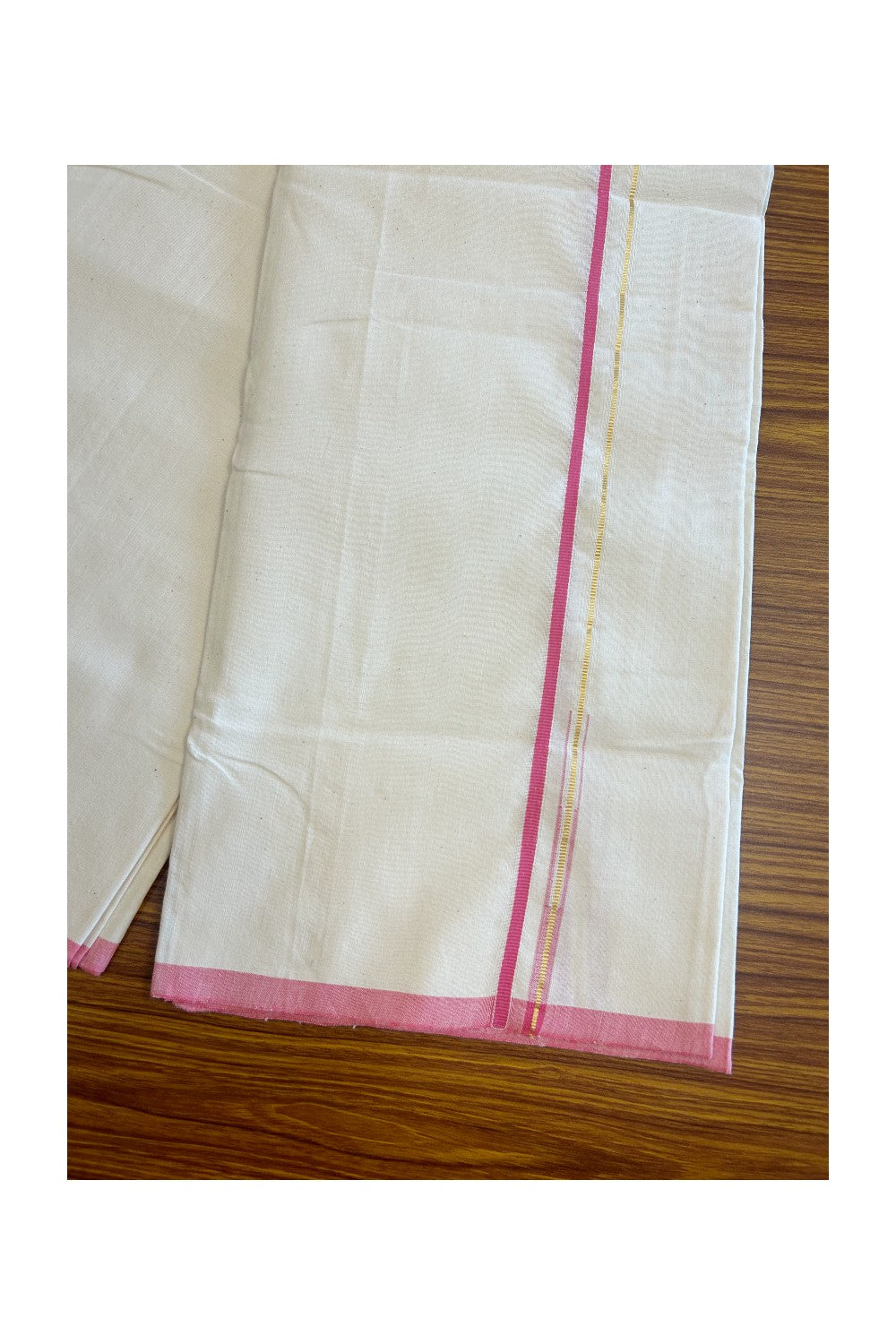 SIGNATURE KAITHARIKADA EXCLUSIVE SINGLE DHOTI - 100% Cotton Balaramapuram HANDLOOM Single Mundu/Dhoti - Off White - (Unbleached) 0.25 Inch Pink & KASAVU Chutty Kara- 2KK5010KAI