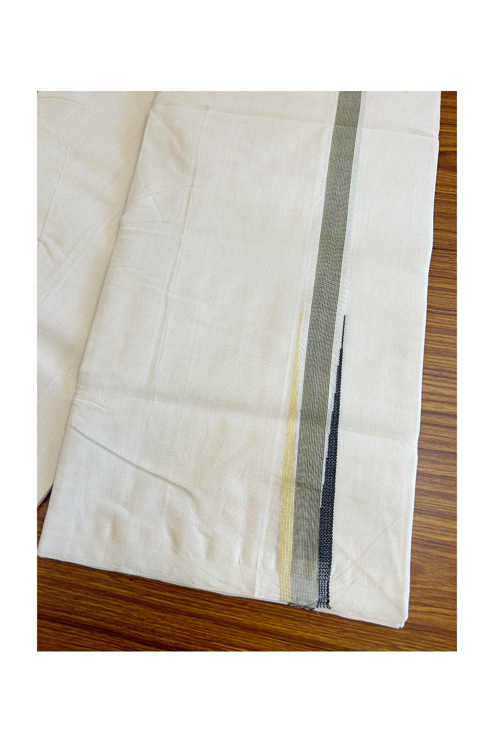 15% DISCOUNT!! KaithariKada HANDLOOM Millpaav Balaramapuram - 100% PURE Cotton OFF White - (Unbleached) Double Mundu/Dothi - Puliyilakkara chutty 1.25 inch Black & Sand brown kara - 2KK5011RAM