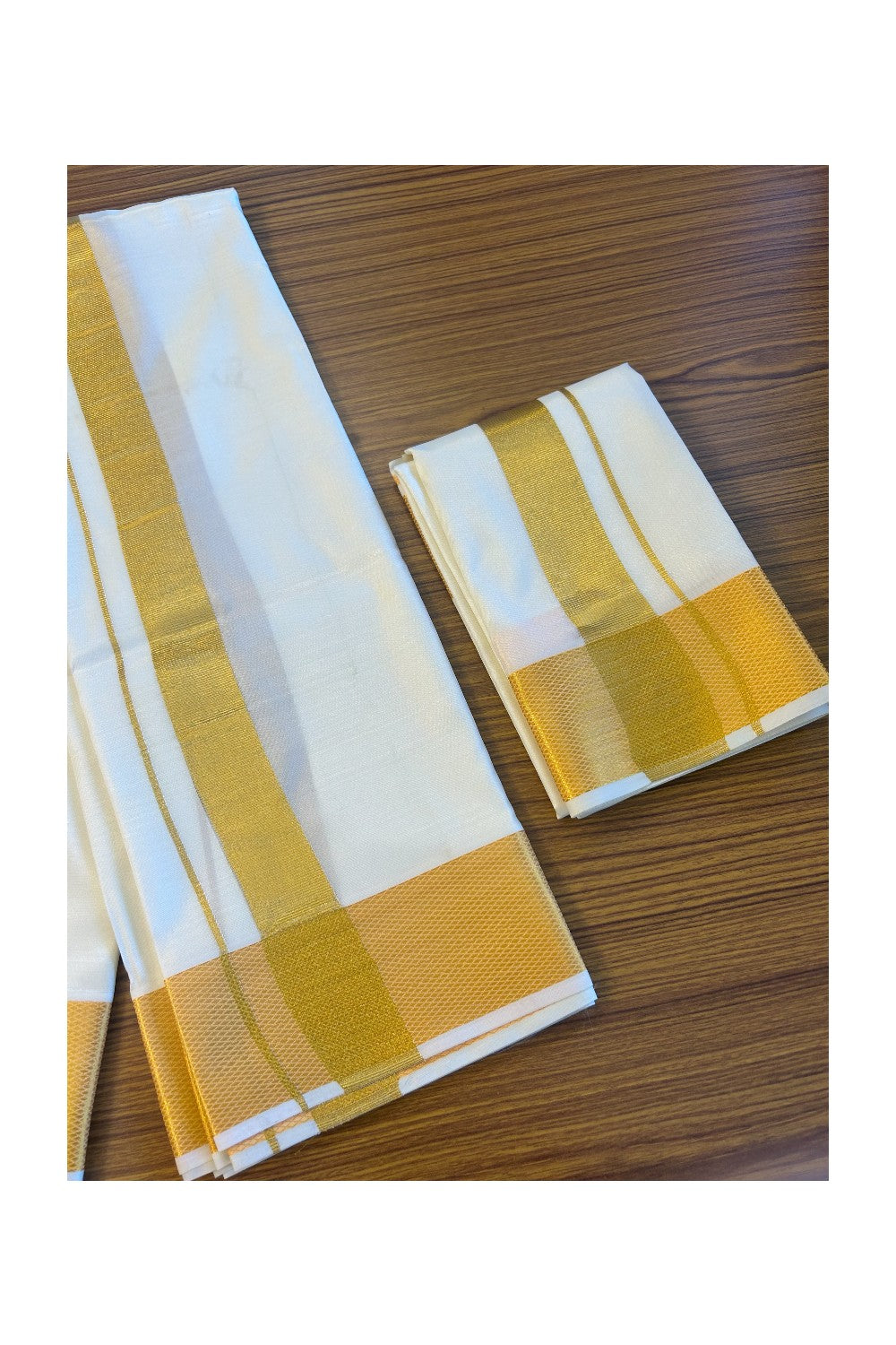 KaithariKada Balaramapuram 100% Art Silk Double Mundu/Dhoti & Neriyath - 2.5inch Gold Kasavu kara - 3KK5015KAN