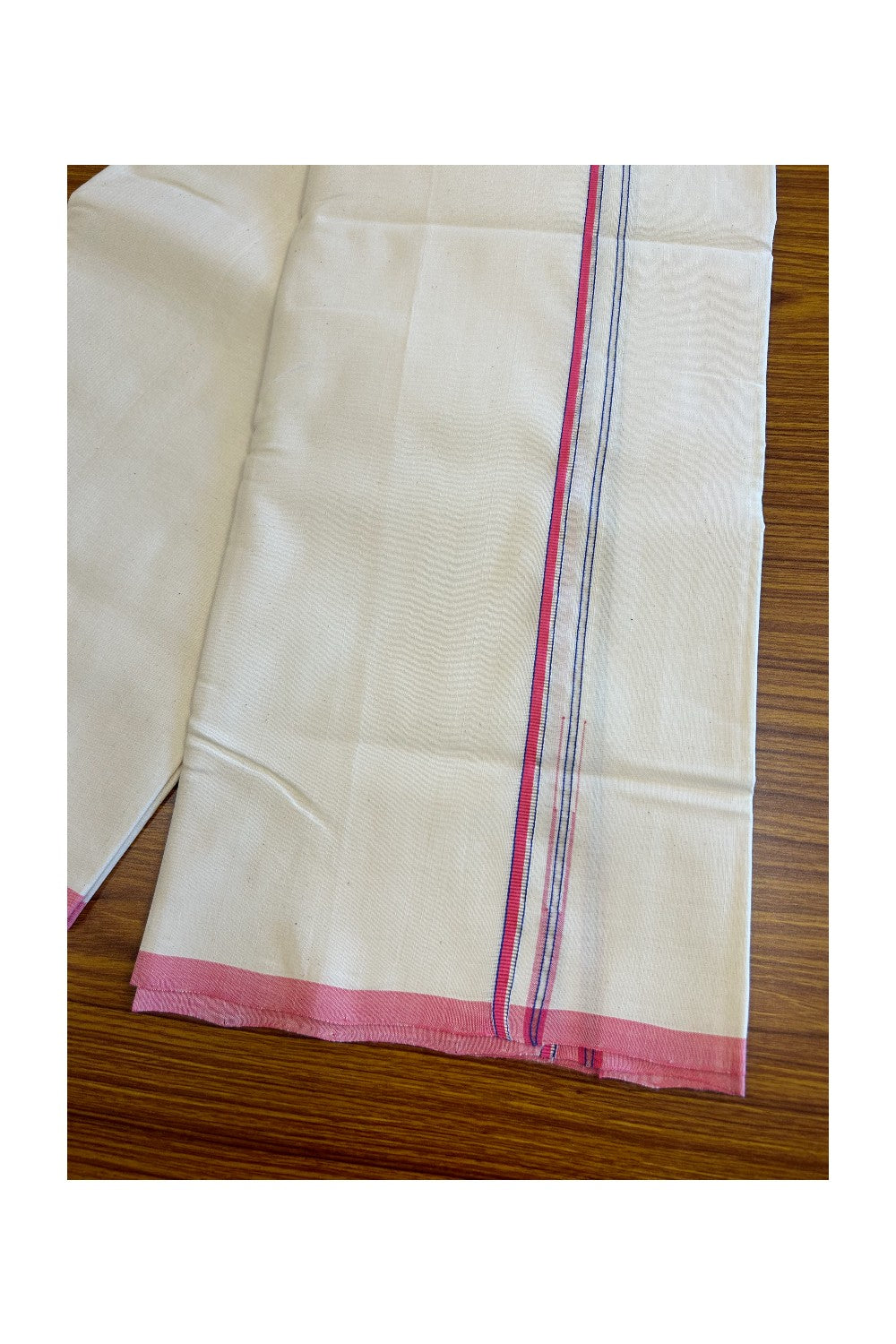 SIGNATURE KAITHARIKADA EXCLUSIVE SINGLE DHOTI - 100% Cotton Balaramapuram HANDLOOM Single Mundu/Dhoti - Off White - (Unbleached) 1cm Pink Blue & Silver KASAVU Chutty Kara (2 metre / 4 muzham)- 2KK5021KAI