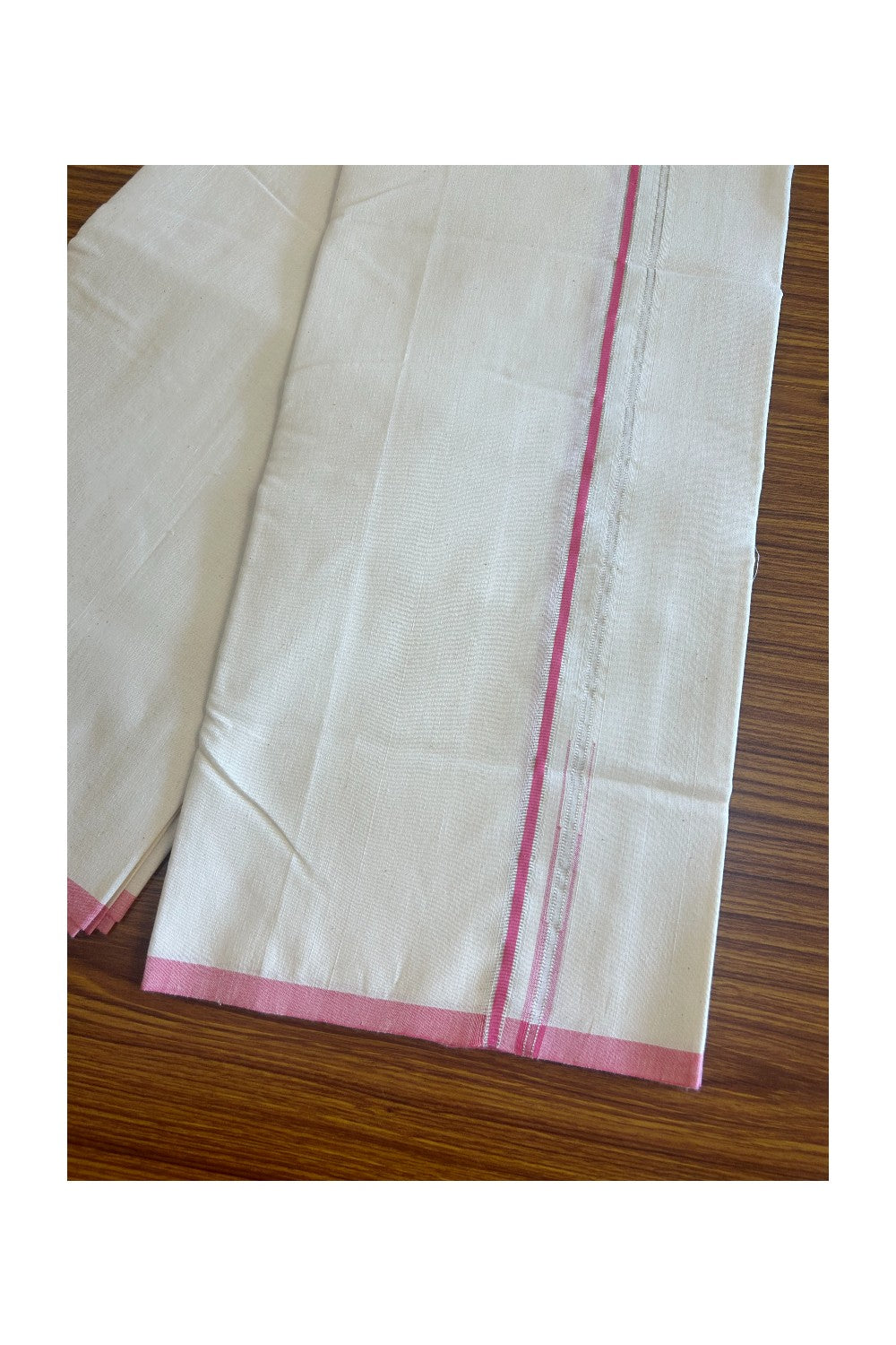 SIGNATURE KAITHARIKADA EXCLUSIVE SINGLE DHOTI - 100% Cotton Balaramapuram HANDLOOM Single Mundu/Dhoti - Off White - (Unbleached) 0.25 Inch PINK & SILVER KASAVU Chutty Kara- 2KK502KK