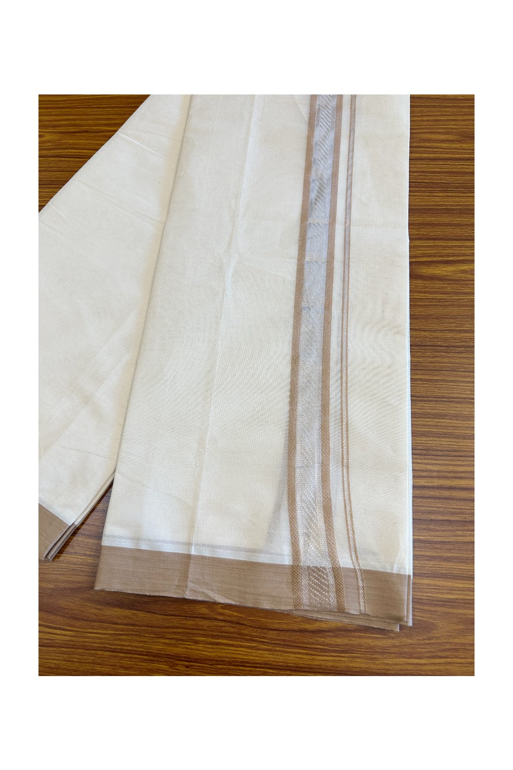 5% Discount!!! KaithariKada Balaramapuram  Double Off white - (Unbleached) Mundu/Dhoti - 80X90 - 2 inch SILVER  KASAVU & Sand brown pattern Kara - 2KK5037KAI