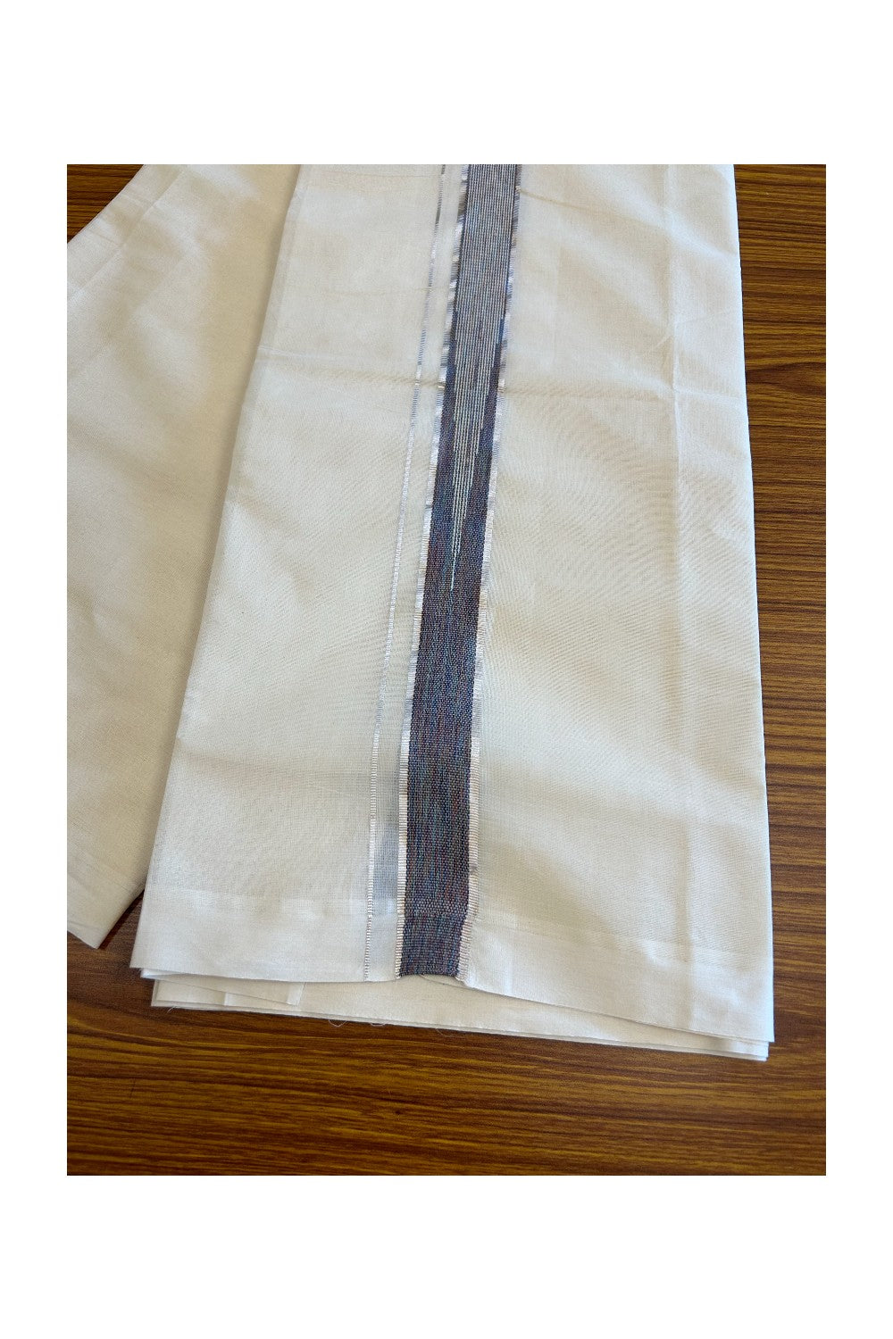 5% Discount!!! KaithariKada Balaramapuram  Double Off white - (Unbleached) Mundu/Dhoti - 80X90 - 1.75 inch Silver kasavu Violet Indigo Shaded heavy chutty - 16KK5037KAI