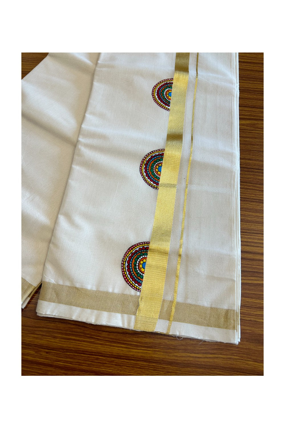 KaithariKada HANDLOOM Millpaav Balaramapuram - 100% PURE Cotton OFF White Double Mundu/Dothi - 1.75 Inch Hand Painted Flower Design & Kasavu Kara - 2KK5038KK