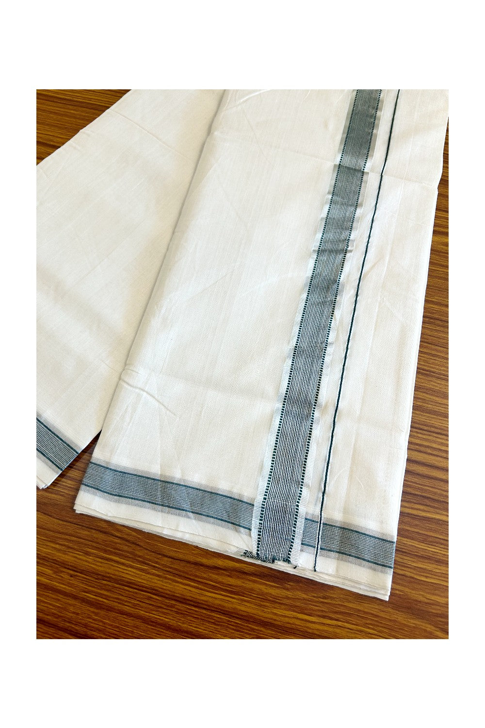 21% DISCOUNT!! KaithariKada HANDLOOM Unakkupaav Balaramapuram - 100% PURE Cotton OFF White Double Mundu/Dothi - 2 inch Green & Silver striped pattern kara - 2KK503RAM