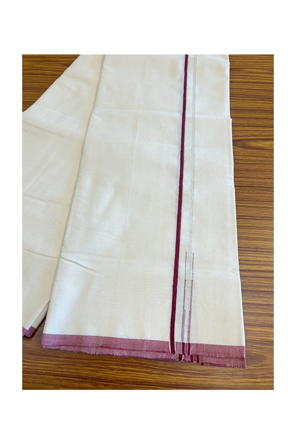 SIGNATURE KAITHARIKADA EXCLUSIVE SINGLE DHOTI - 100% Cotton Balaramapuram HANDLOOM Single Mundu/Dhoti - Off White - (Unbleached) 1 cm Maroon & Silver KASAVU Chutty Kara - 2KK5040KAI