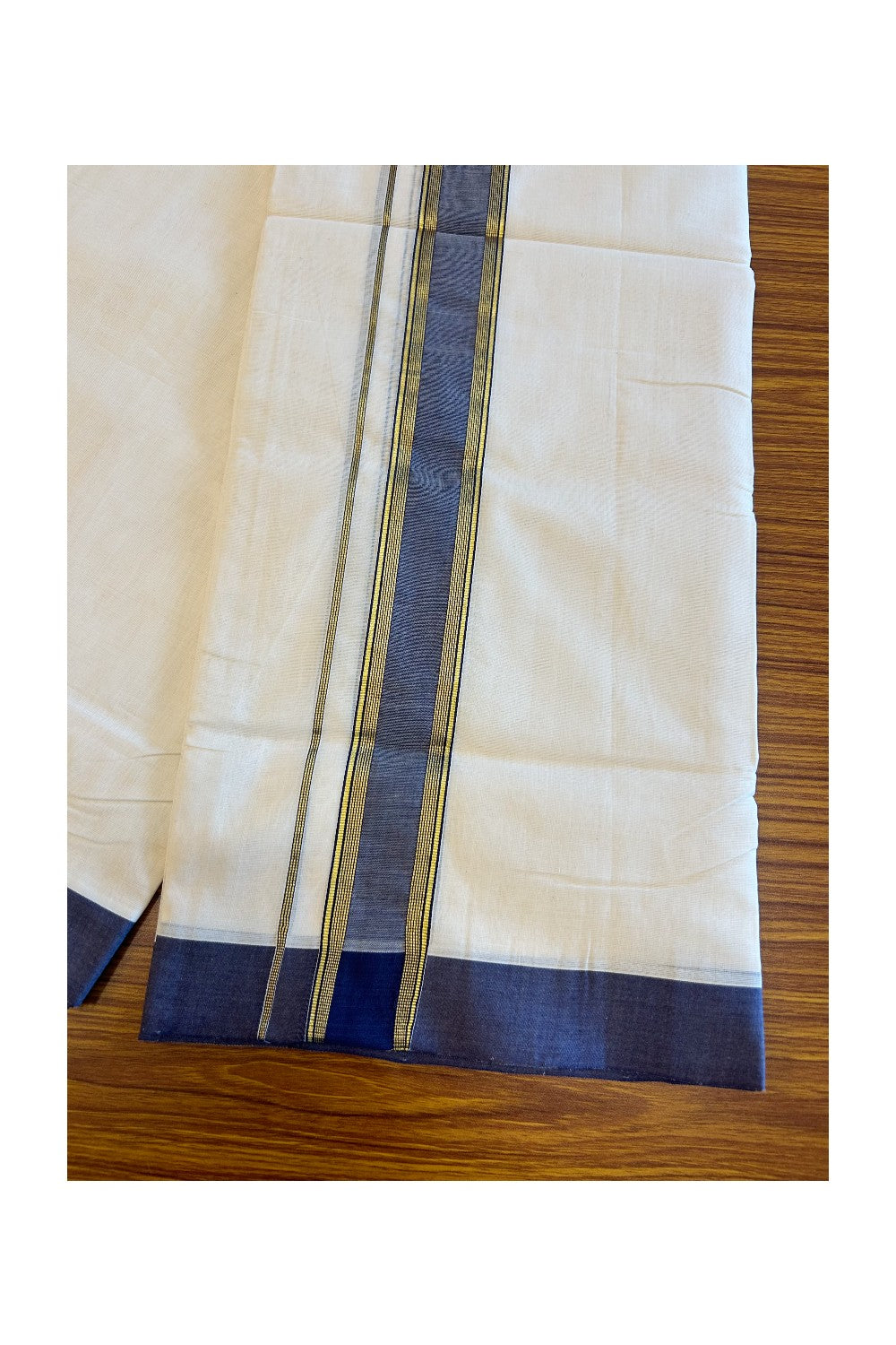 21% Discount KaithariKada HANDLOOM Unakkupaav Balaramapuram - 100% PURE Cotton Off white (Unbleached) Double Mundu/Dhoti - 2.5 inch  Kasavu Stripes & Navy Blue kara-163