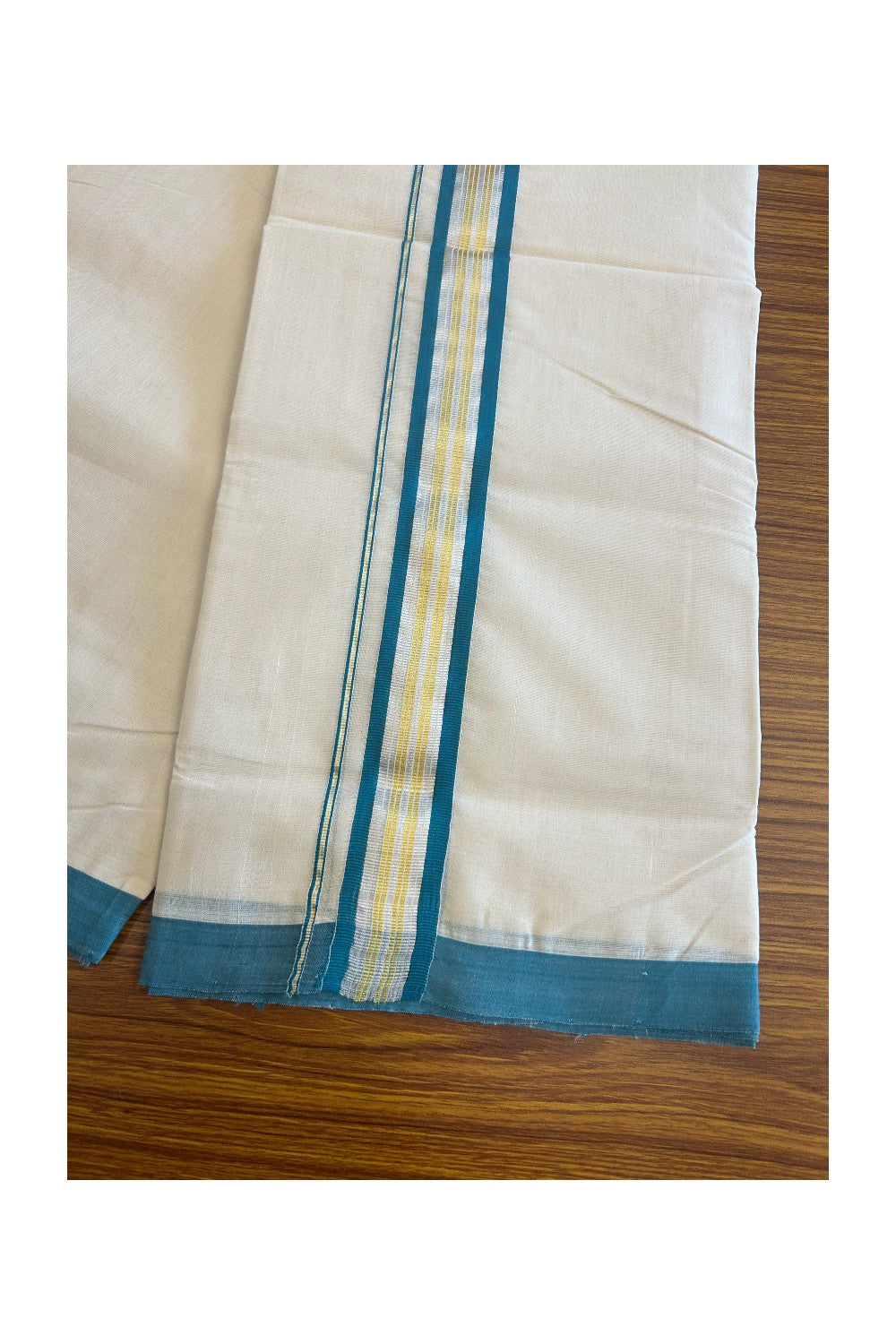 15% DISCOUNT! KaithariKada HANDLOOM Millpaav Balaramapuram - 100% PURE Cotton Off White (Unbleached) - 100x100 Double Mundu/Dhoti - 2 inch Gold & Silver Kasavu Peacock green Stripes Kara-81