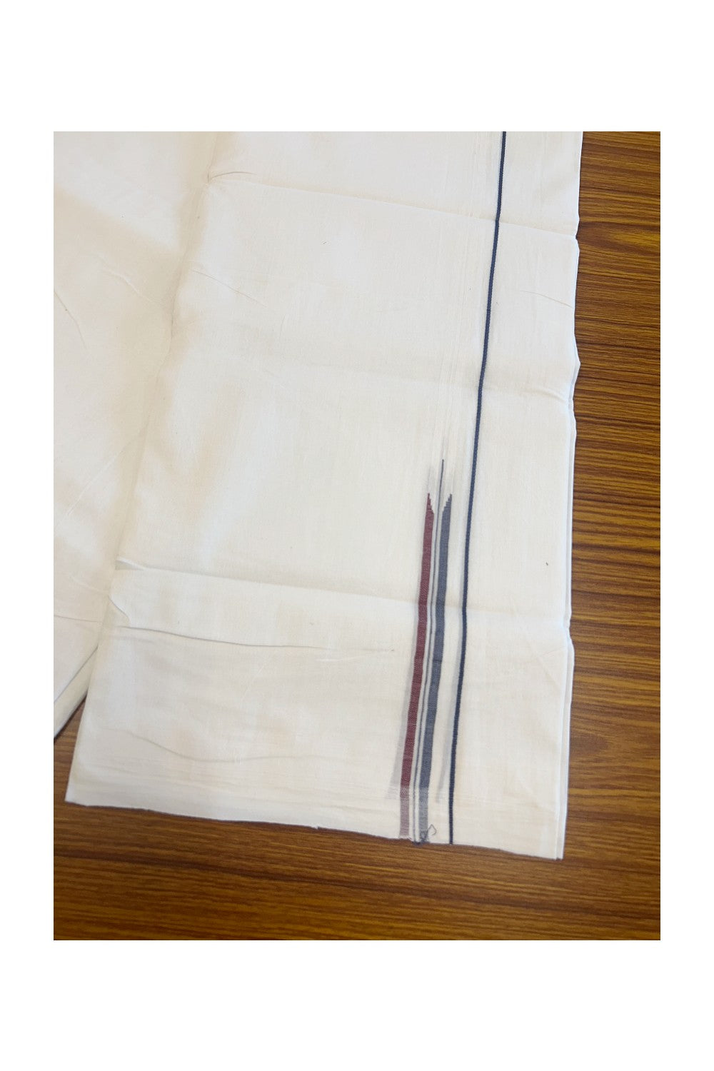 24% Disocunt! NEW PURE WHITE HANDLOOM UNAKKUPAAV Balaramapuram - 100% Cotton Double Pure White - Mundu/Dhoti - 100x100 0.5 inch RED & NAVY BLUE CHUTTY Kara 3.68 mtrs - 2KK5048REA