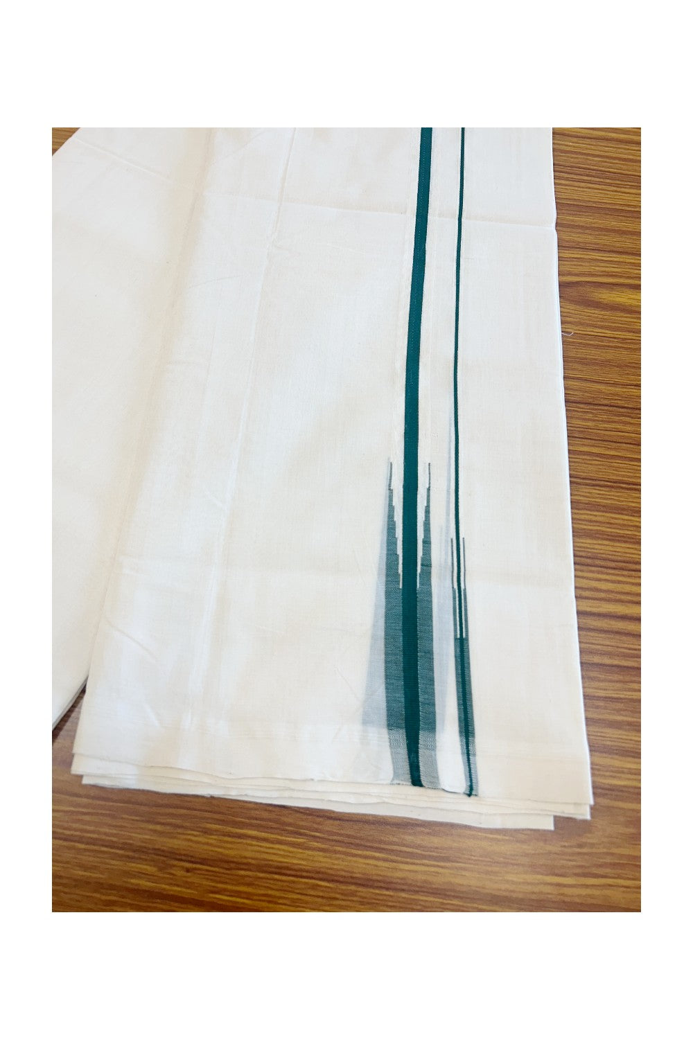 26% DISCOUNT!! KaithariKada HANDLOOM  UNAKKUPAAV Balaramapuram - 100% PURE Cotton OFF White Double - (Unbleached) Mundu/Dothi - 0.75 inch Puliyilakkara Green Double chutty - 2KK5049REA